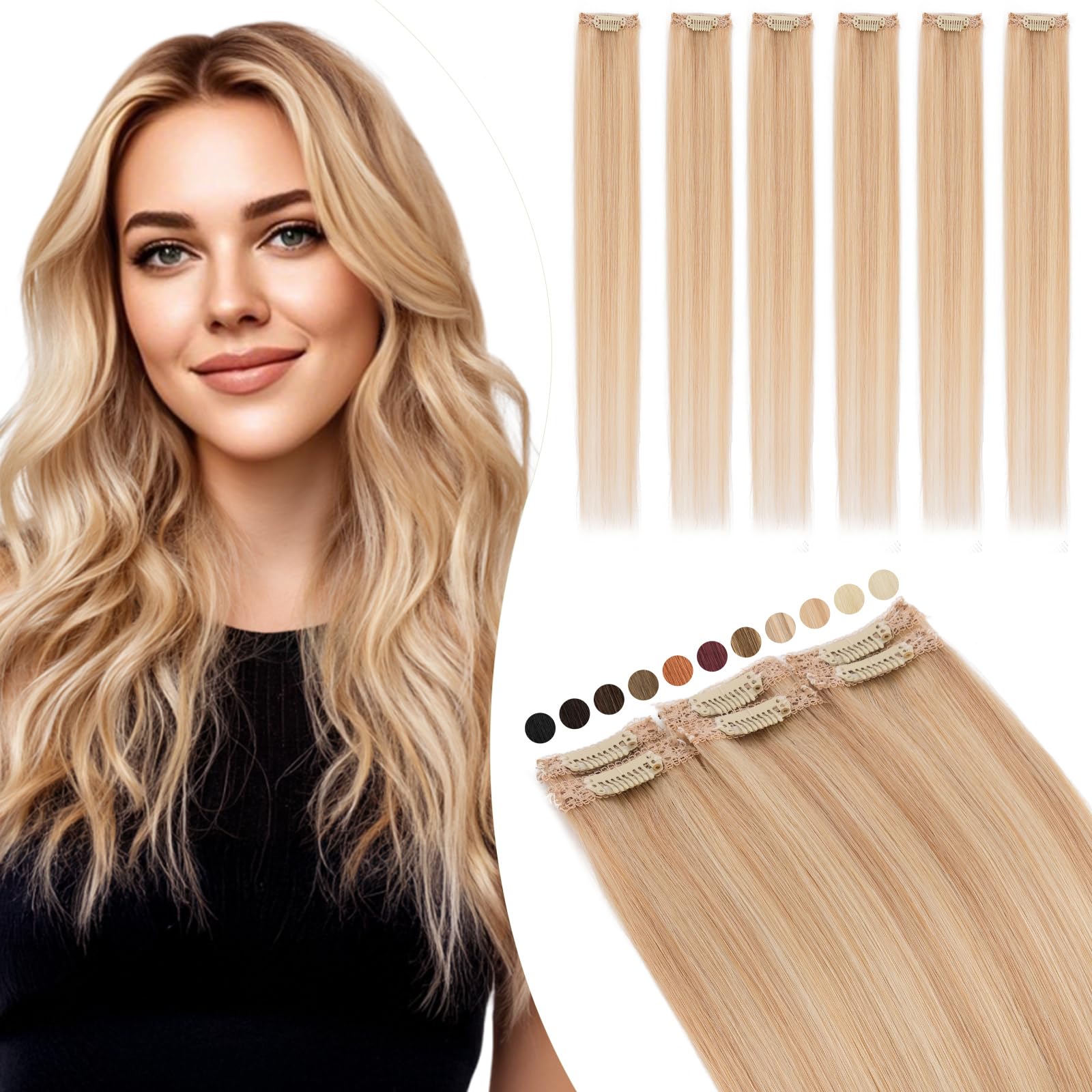 Elailite Echthaar Extensions Clip Balayage Silk Lace in Tressen 6Stücke Clip in Haarverlängerung Unsichtbar 40g 40cm für Volumen/Meches #18P613