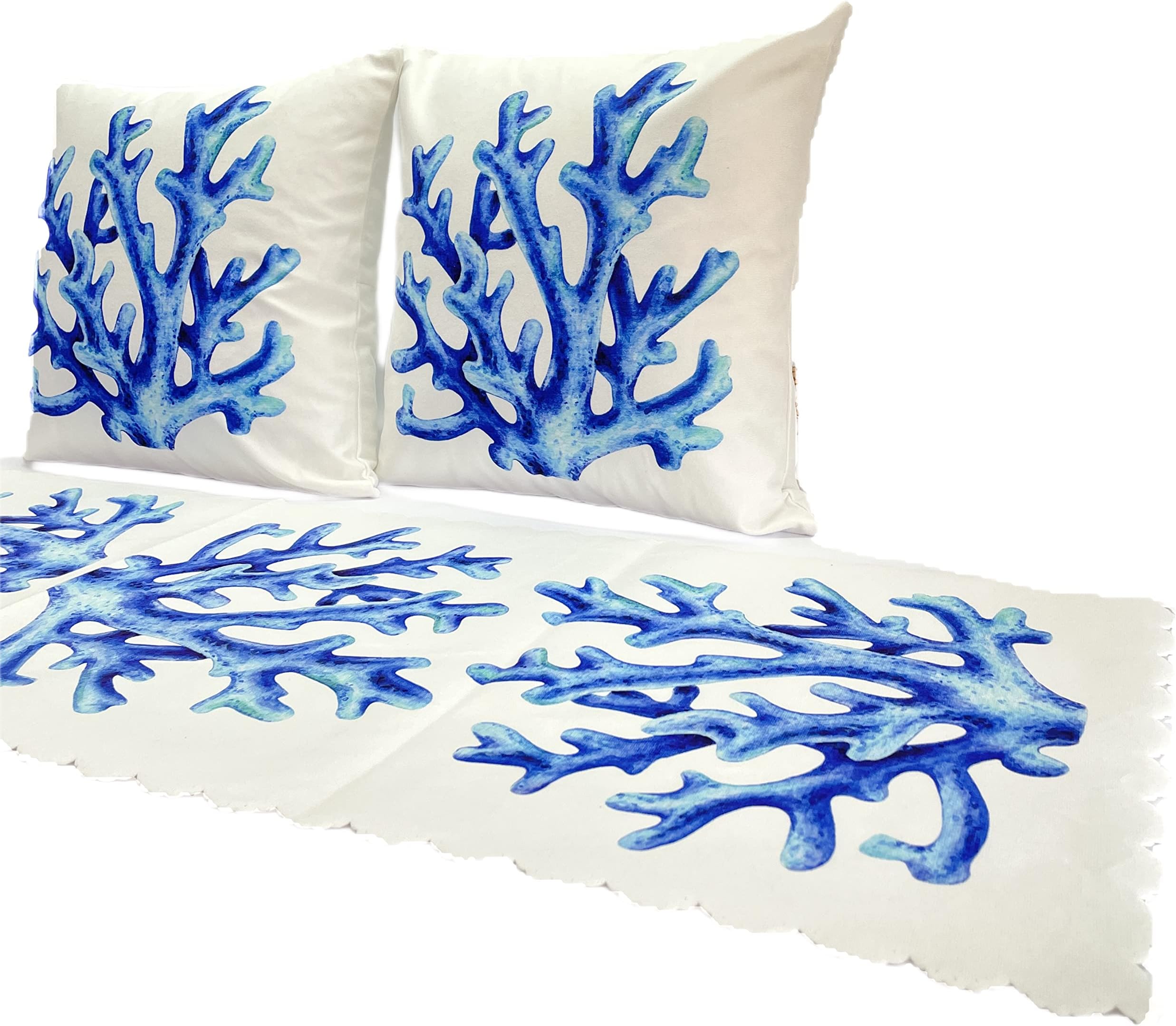 D&D COLLECTIONTable Runner and Decorative Throw Pillow Cover Set, Silky and Soft Textured Premium Quality Micro Velvet Fabric (3 pcs) - Coral