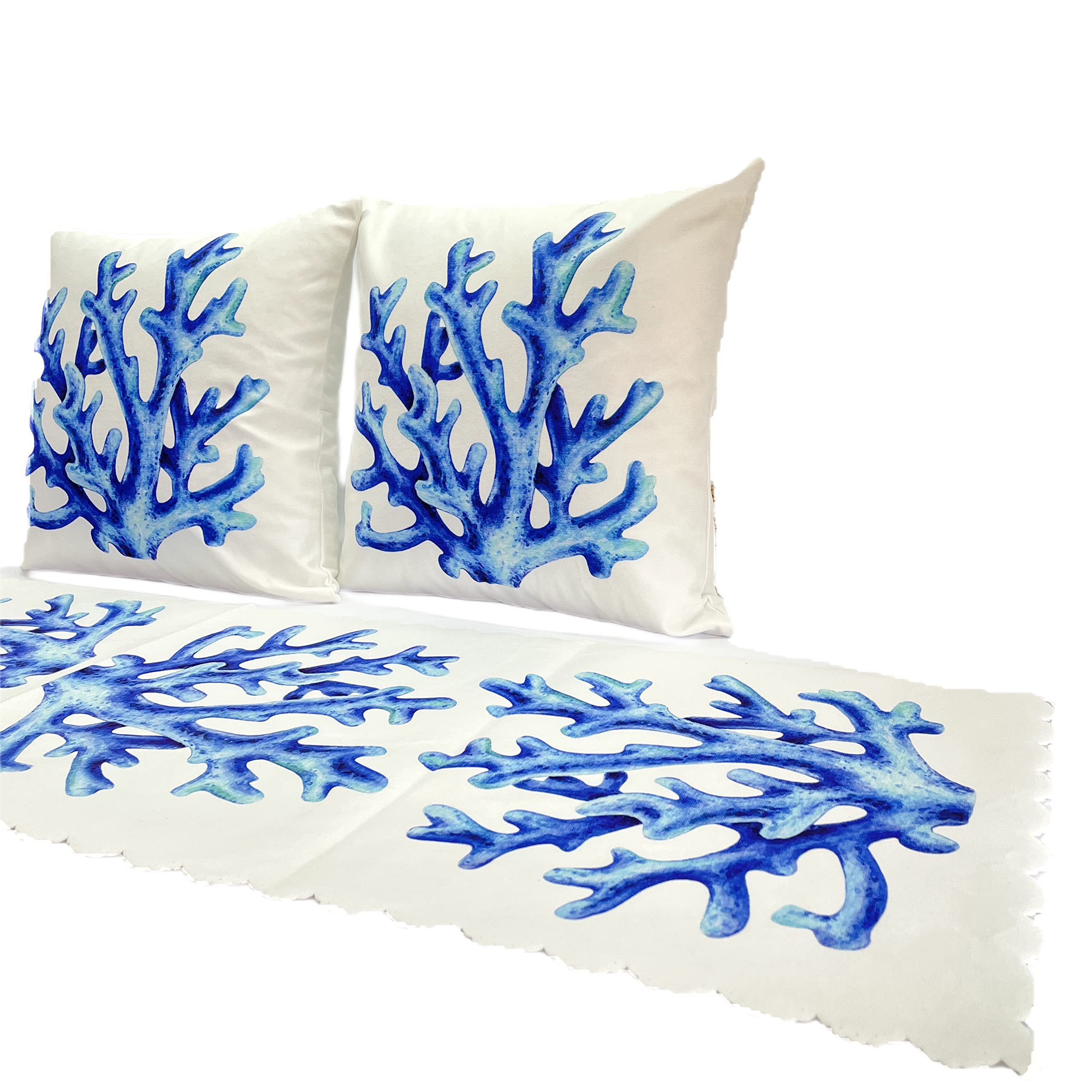 D&D COLLECTIONTable Runner and Decorative Throw Pillow Cover Set, Silky and Soft Textured Premium Quality Micro Velvet Fabric (3 pcs) - Coral