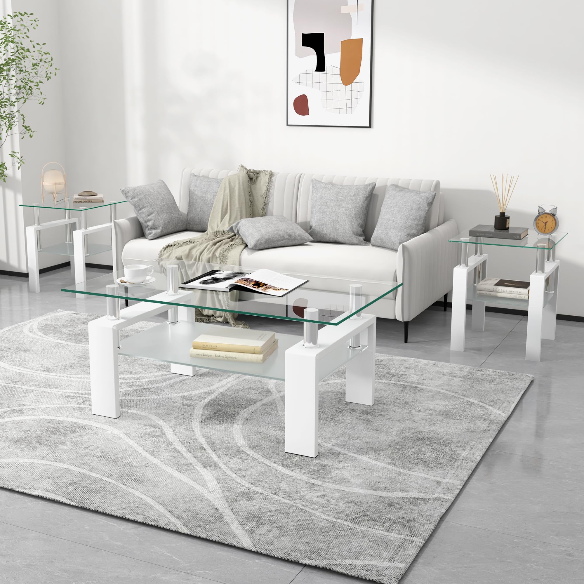 Glass Side Table 2-Tier Modern Glass Top Corner Table Living Room Side Table with Metal Leg for Living Room, Dining Room, Bedroom (White, Coffee Table + 2 end Tables)