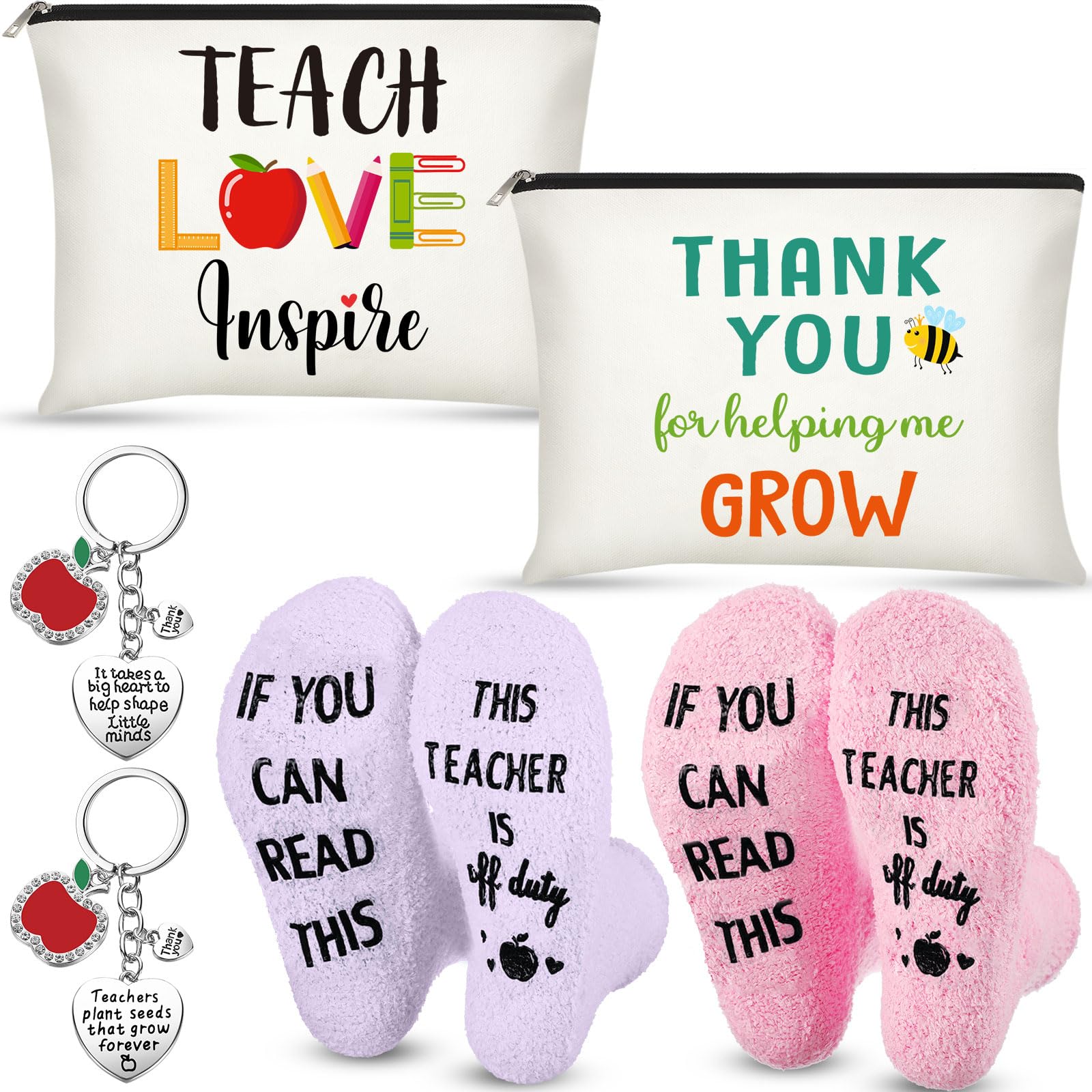 Saintrygo 6 Pieces Teacher Appreciation Gift Set for Women 2 Pcs Teacher Cosmetic Makeup Bags 2 Pairs Novelty Cozy Fuzzy Socks and 2 Pcs Keychain(