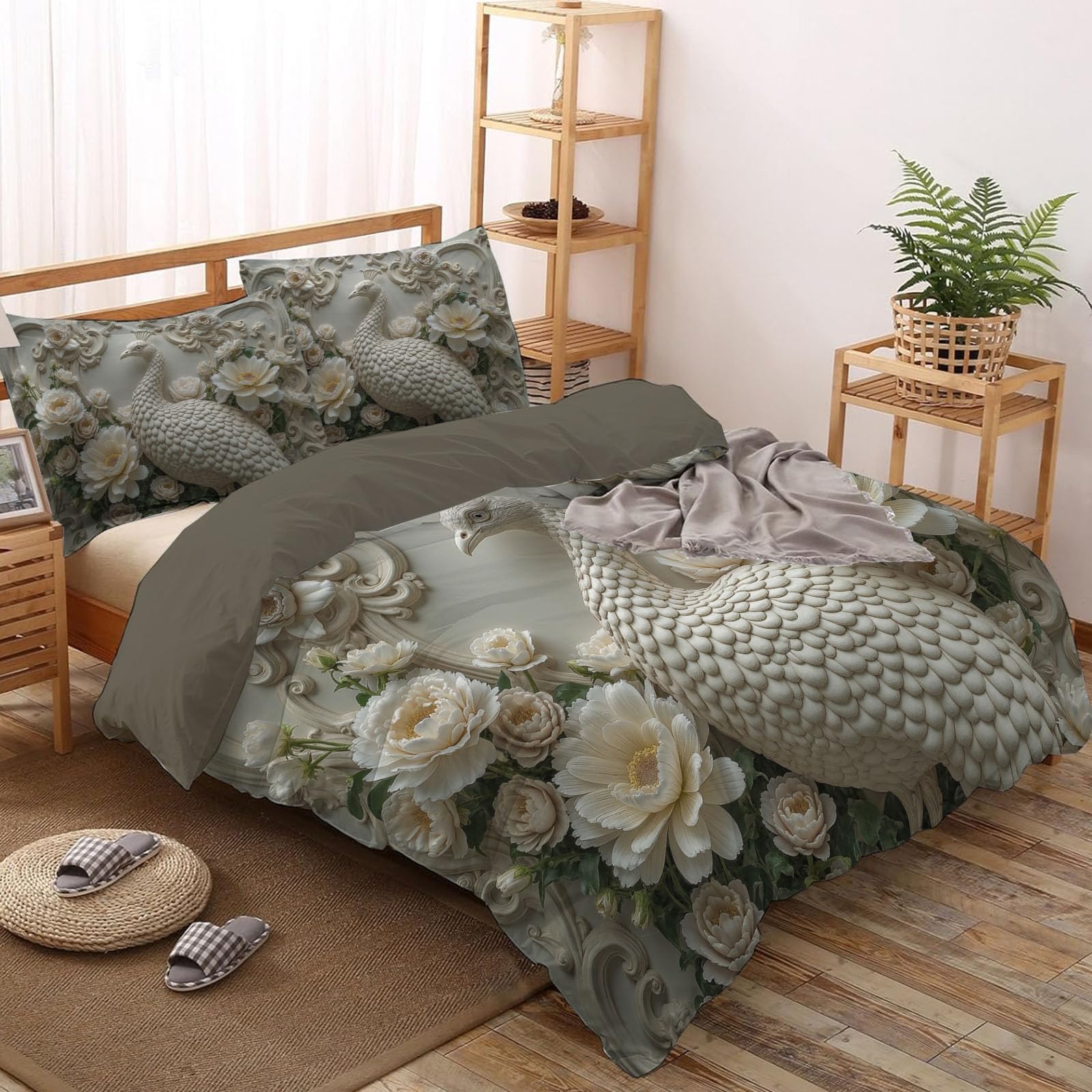 Copripiumino Matrimoniale Pavone Elegante Fiori, Set di Biancheria da Letto Effetto Rilievo Visivo Barocco Rilievo, Copri Piumino 220x240cm con 2 Federe 50x75 cm, Microfibra Morbida Lavabile, Bianco