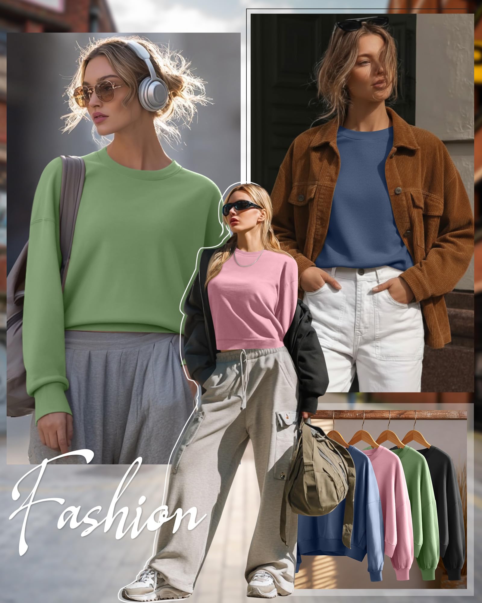 Geyoga 4 Piezas Sudaderas Cortas para Mujer de Manga Larga Cuello Redondo Corte Holgado Sudaderas Térmicas de Punto