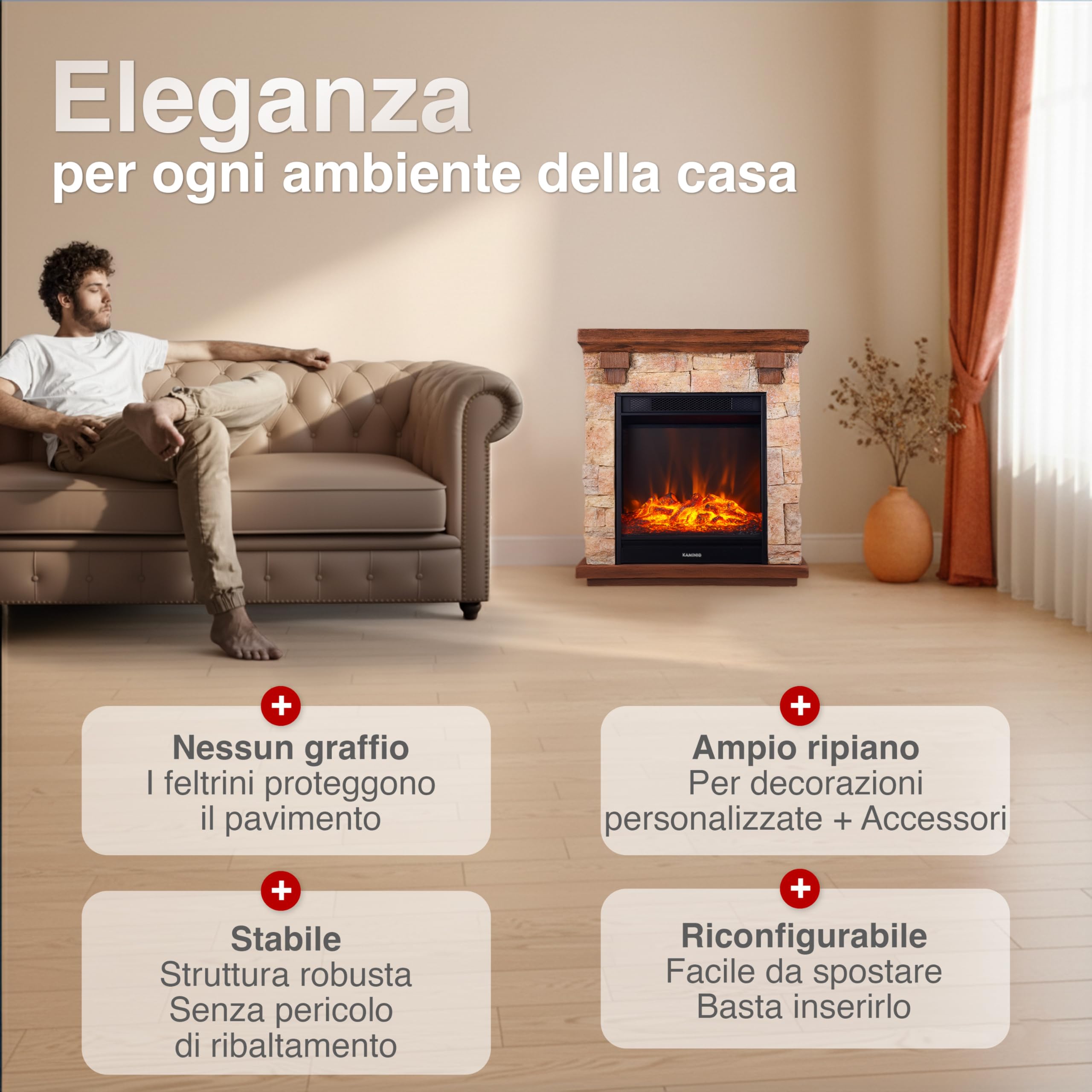 KAMINIO Camino elettrico Juan - Caminetto elettrico a pavimento in effetto pietra con riscaldamento, effetto fiamma 3D, telecomando (Beige)