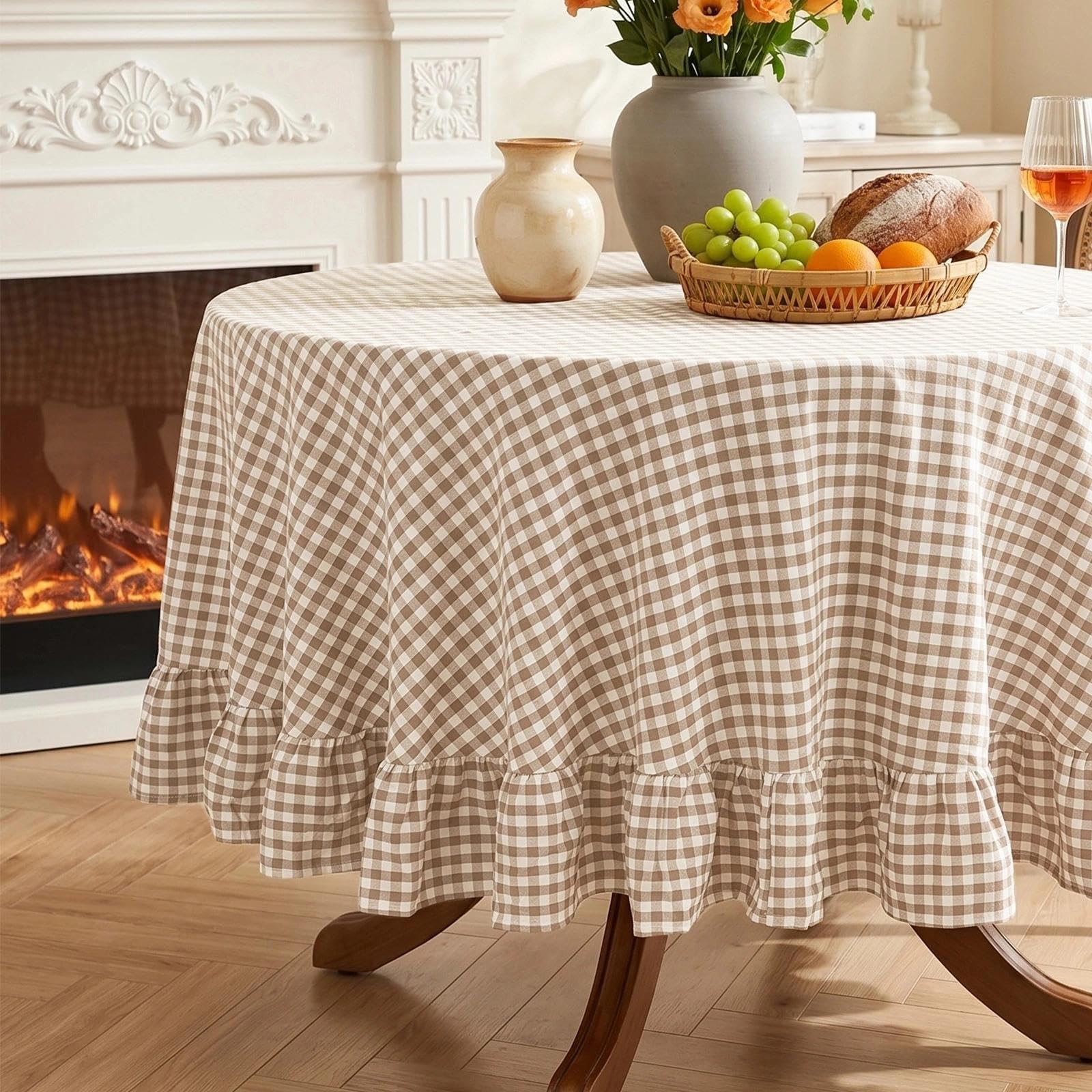 3E Home Taupe Gingham Washed Cotton Ruffle Table Cloth 152 cm Round