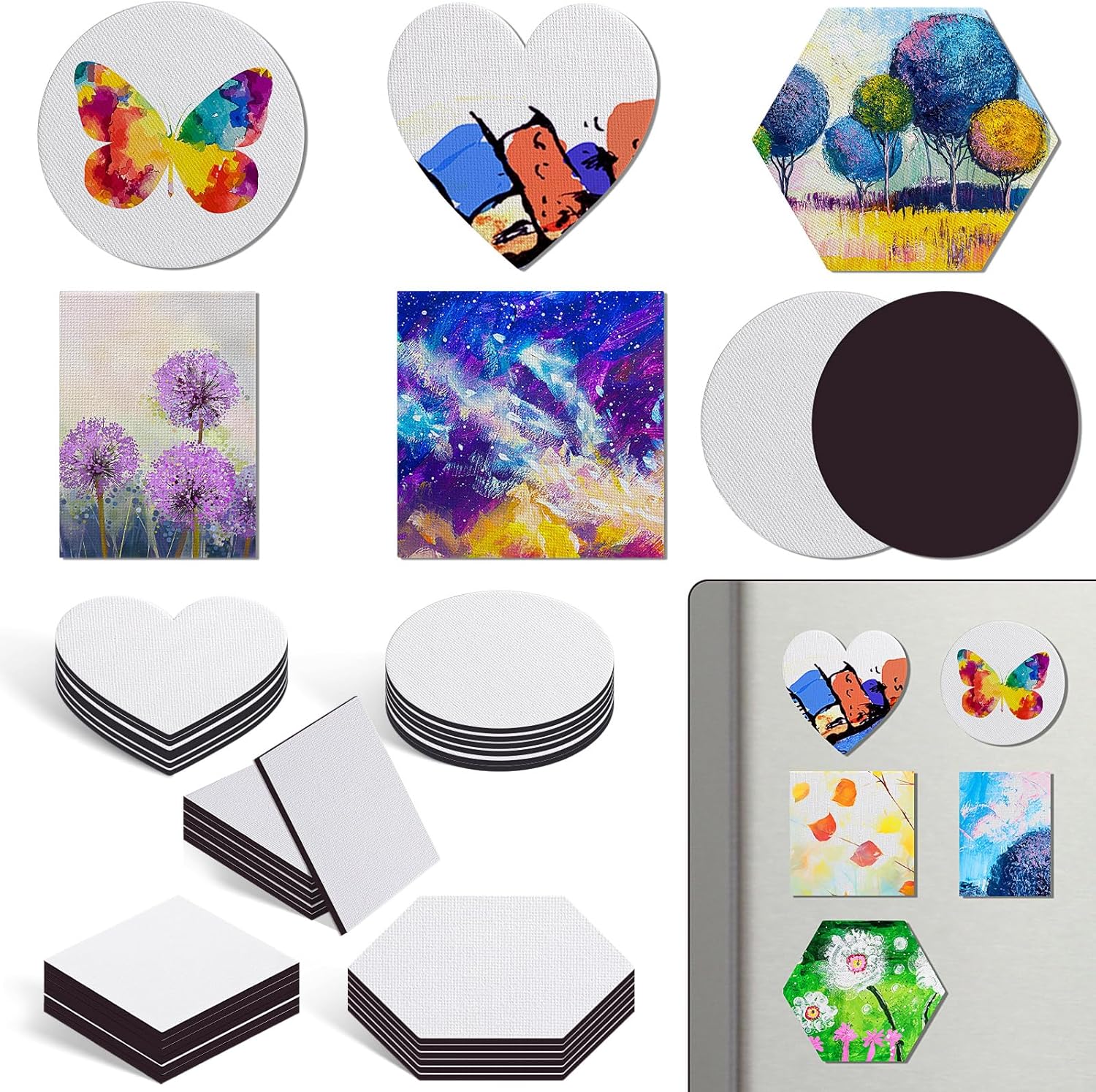 Engrowtic 60 Pcs Mini Magnetic Canvas Panel Boards Magnetic Painting Canvas Panel Various Size for Painting Fridge Locker Art Crafts DIY(Multi Shape)