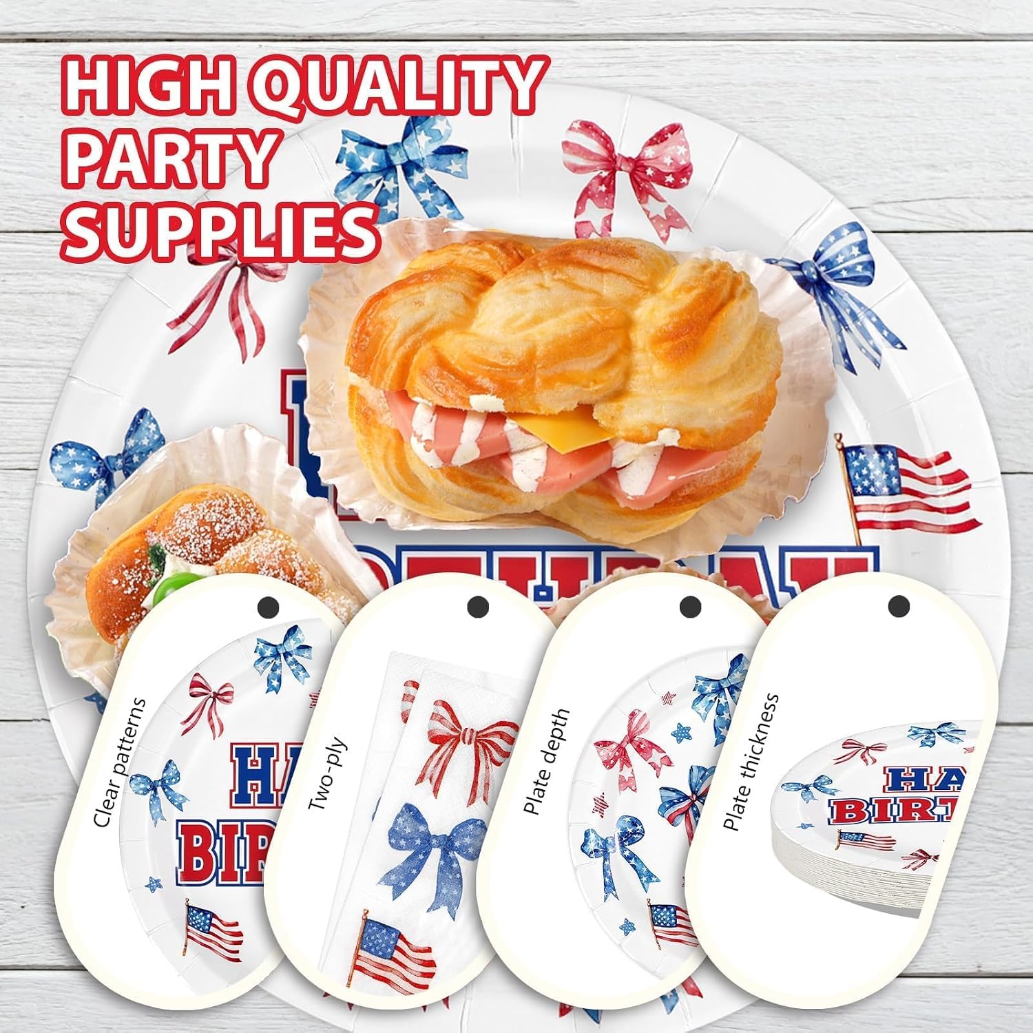 96Pcs Patriotic Birthday Party Supplies 4th of July Bows American Flag Plates and Napkins Red Blue and White Usa Tableware for Girl Happy Birthday Memorial 250 Anniversary Day Party Supplies Serves 24