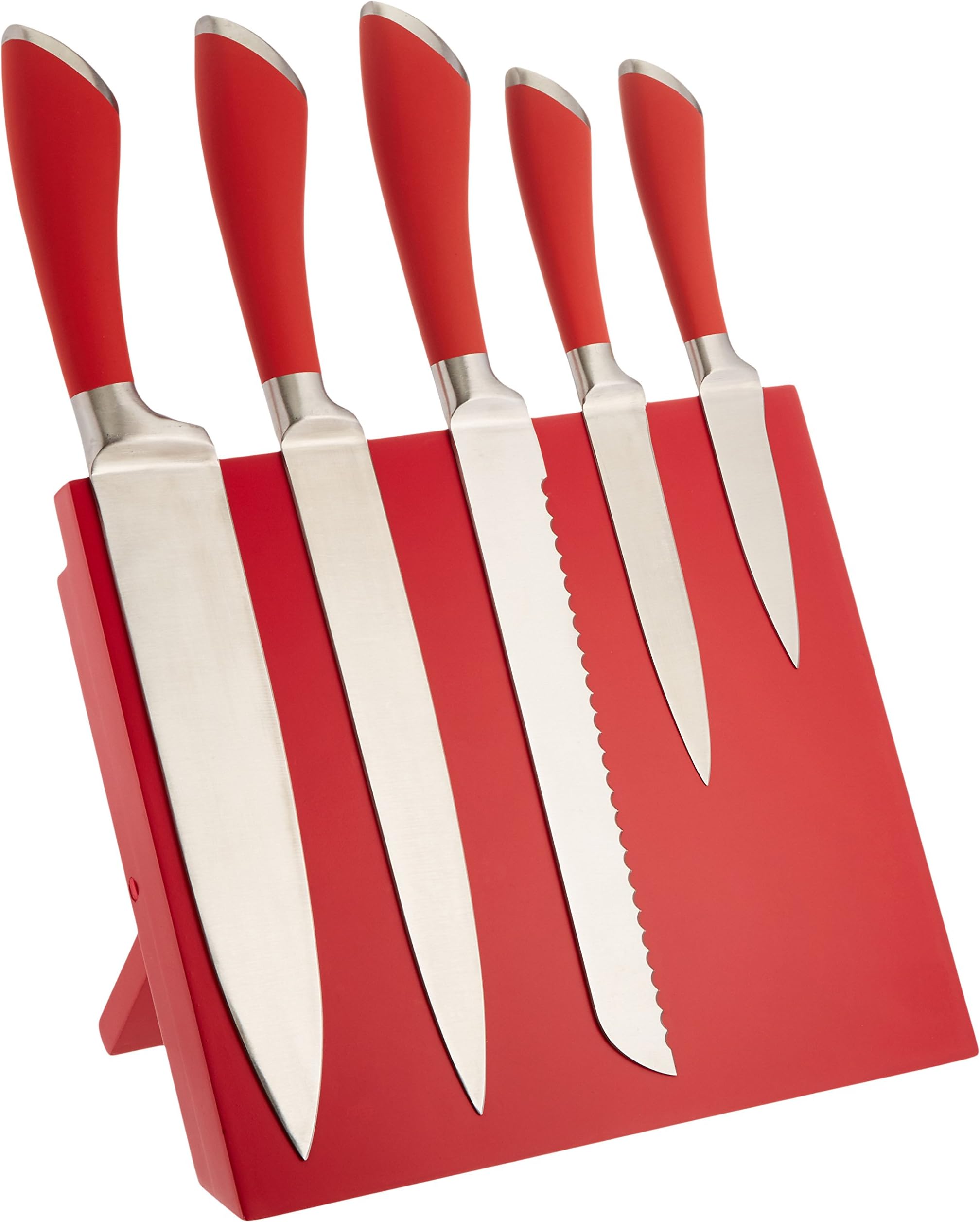 Red Knife Culinary Set - Improved 2.5mm - Well Balanced 6 Piece Stainless Steel - Red Magnetic Cutting Board