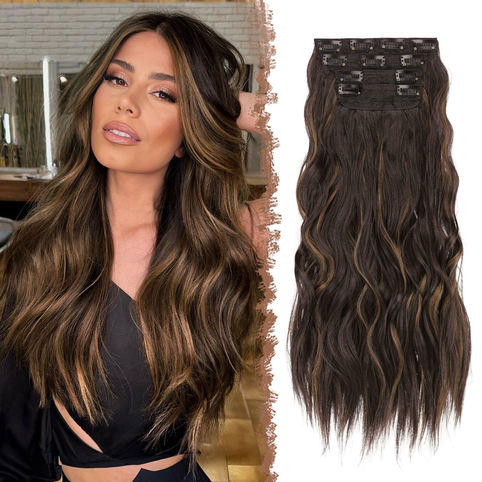 FESHFEN Clip in Hair Extensions 4PCS Black Brown Mixed Light Brown Thick Hair Piece Long Wavy Clip in Extensions Full Head Synthetic Fiber Hairpieces for Women 20 Inch 180g