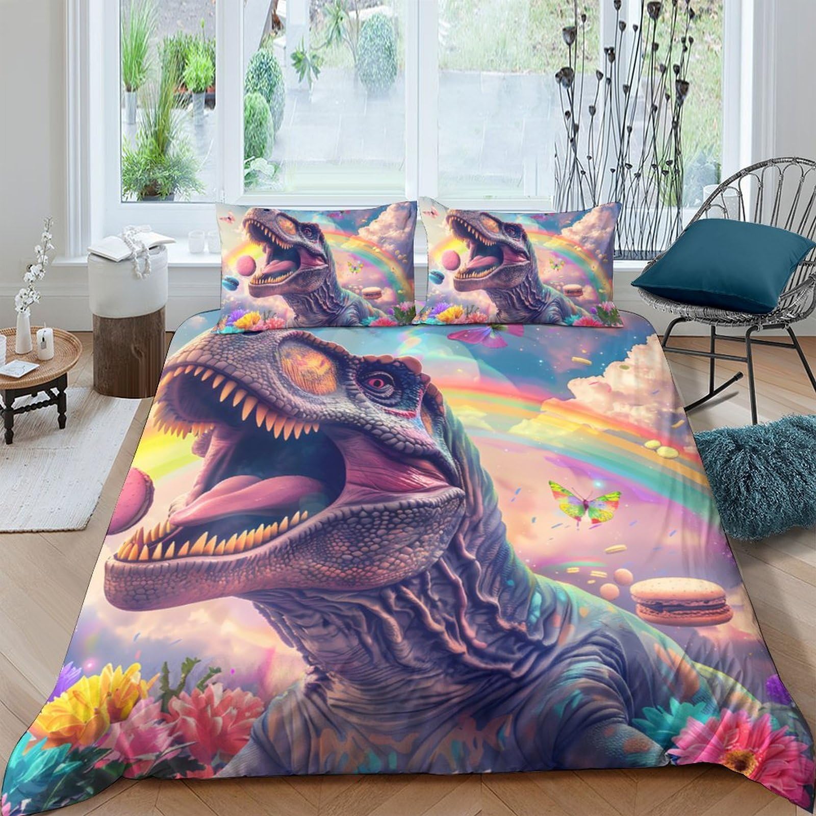 GPLZQXKJNH 3D Printed Dinosaur Rainbow Duvet Cover Microfiber Soft Breathable Fantasy Bedding Set with 2 Pillowcases for Bedroom Decor Single（135x200cm）