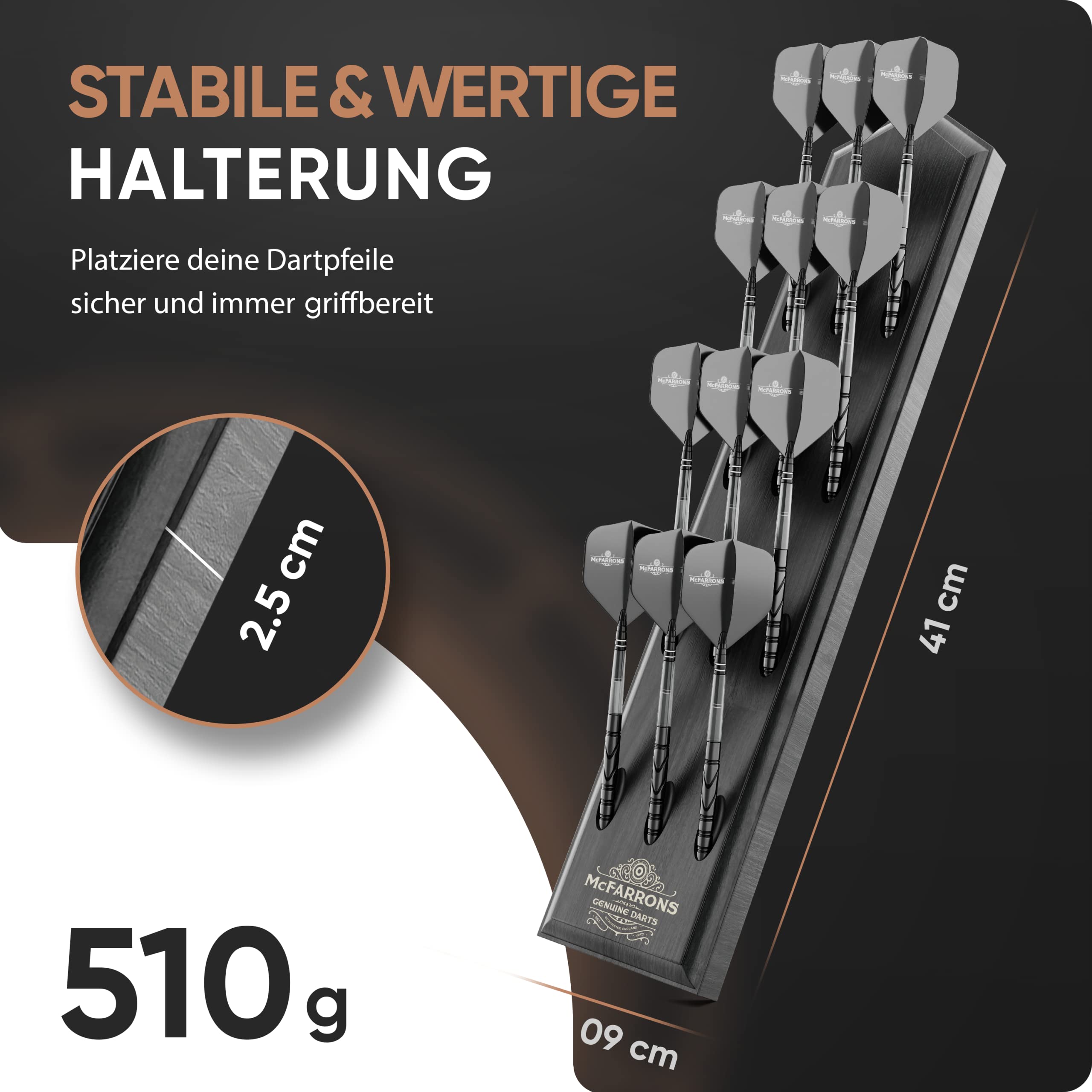 Dart Halter aus Holz für 12 Darts - Praktische Dart Aufbewahrung für die Wand als Zubehör für Jede Art von Dartscheibe - passend für Steeldarts und Softdarts.