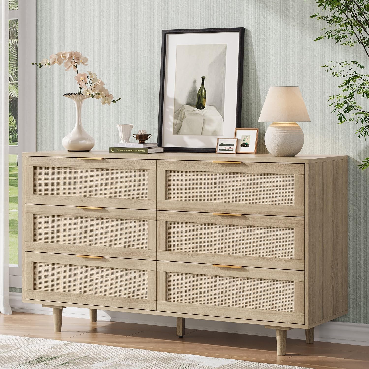 Angel Sar 51'' Rattan Dresser for Bedroom, Boho 6 Drawer Dresser with Golden Handles & Hand Woven Rattan Design, Wide Chest of Drawers for Bedroom, Large Wood Dressers for Storage, Oak