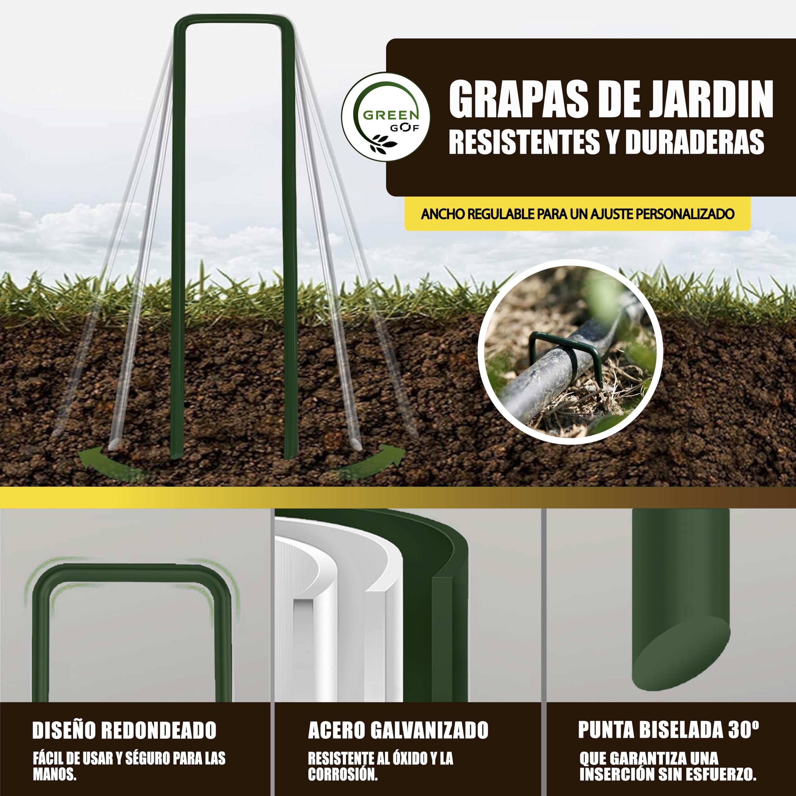 GREENGOF Grapas Verdes para Cesped Artificial, Malla Antihierba y Jardin, 100Unds - Acero Galvanizado, 15x4cm, Ø3mm - Ultra Resistentes y Anticorrosivas - Piquetas de Jardín, Anclaje al Suelo.