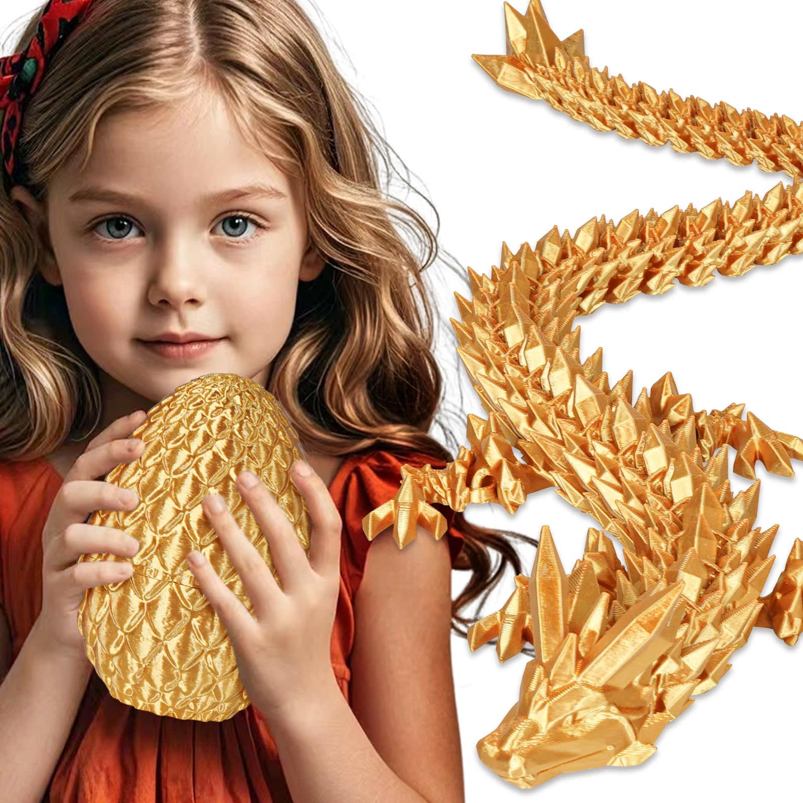 Olee Odee Dragon Egg with Dragon Inside 3D Printed Surprise Toys for Kids Adults Gifts Christmas Stocking Fillers Easter Desk Toy Office Room Decor, Gold, L (H:7.1 in / 18cm)