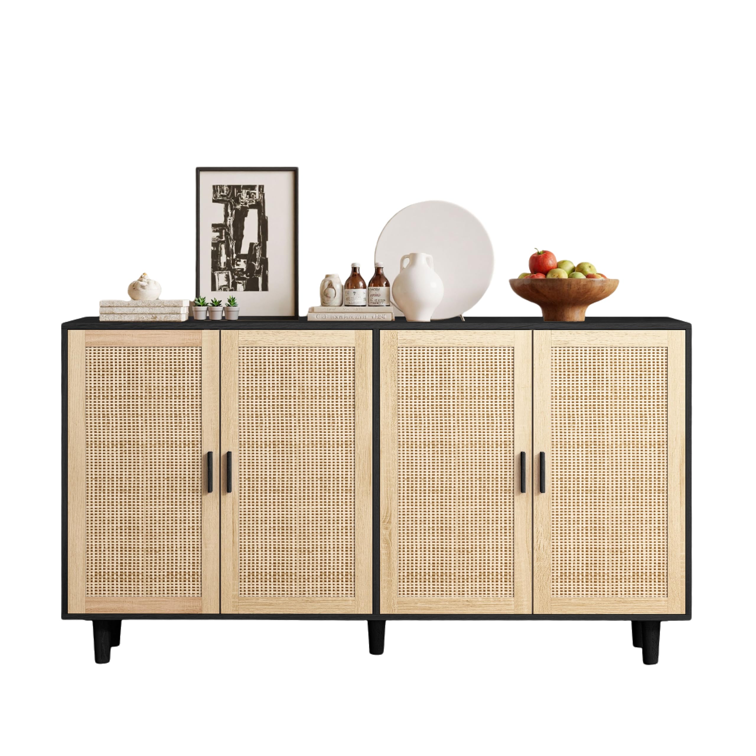 158CM Elegant and Functional 4-Door Rattan Decorative Storage Cabinet,for Bedroom,Living Room,Office,Black;158CM Eleganter und funktioneller 4-türiger Rattan Schrank für Schlafzimmer, Wohnzimme