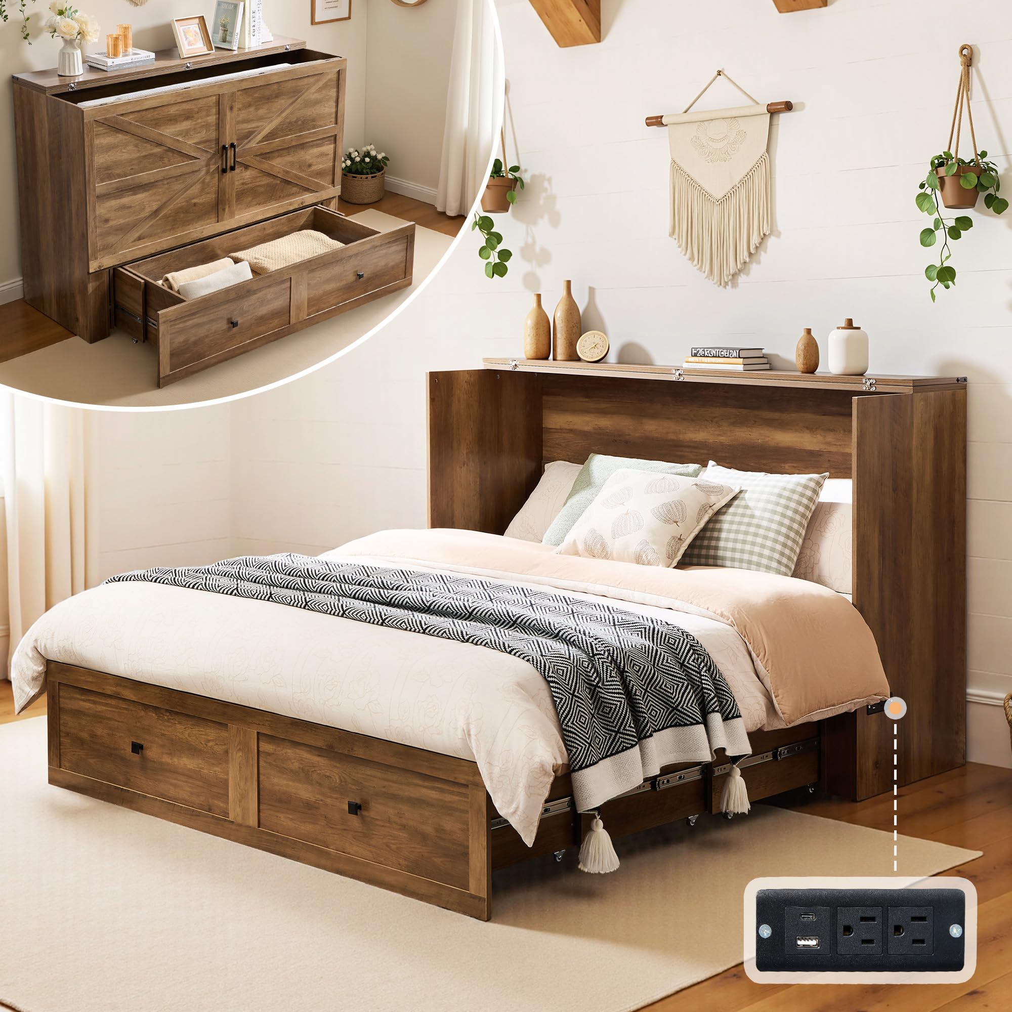 LUXOAK Queen Murphy Cabinet Bed with with Storage &amp; Charging Station