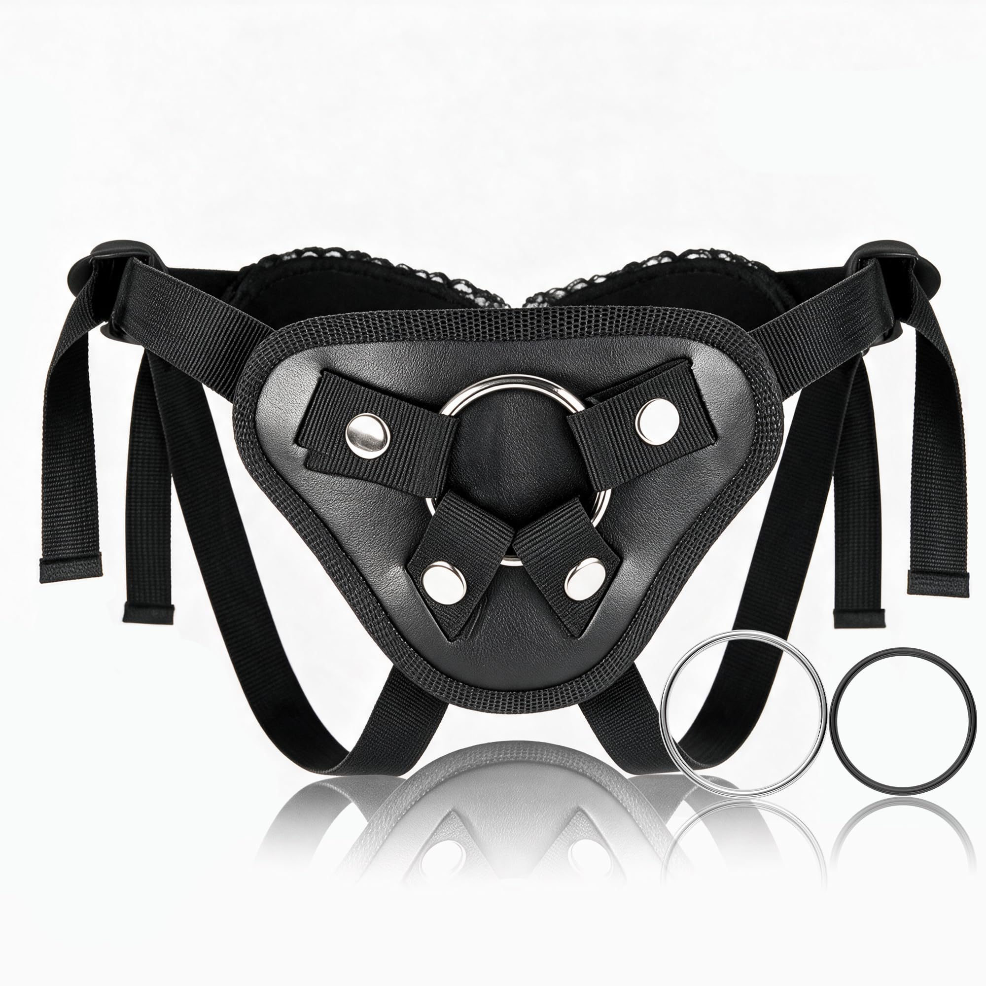 Strap On Wearable Harness for Dildo Play, Adjustable Waist &amp; Hip Strap-On Dildo Holder with Interchangeable Metal O-Rings for Women Men Lesbian Gay Couples Vaginal &amp; Anal Play (Black)