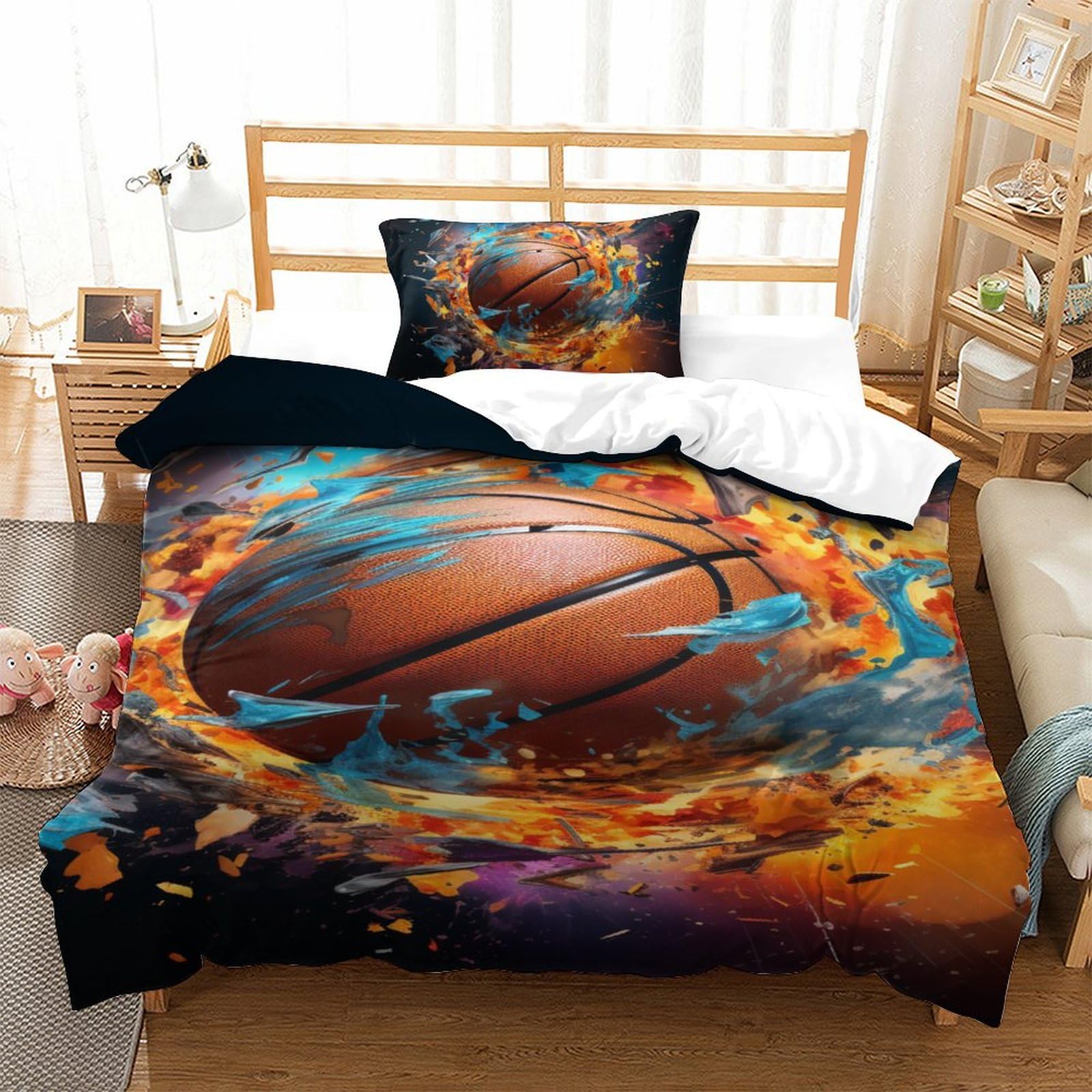 Housse de couette basket 3D avec fermeture éclair, parure microfibre respirante 135x200