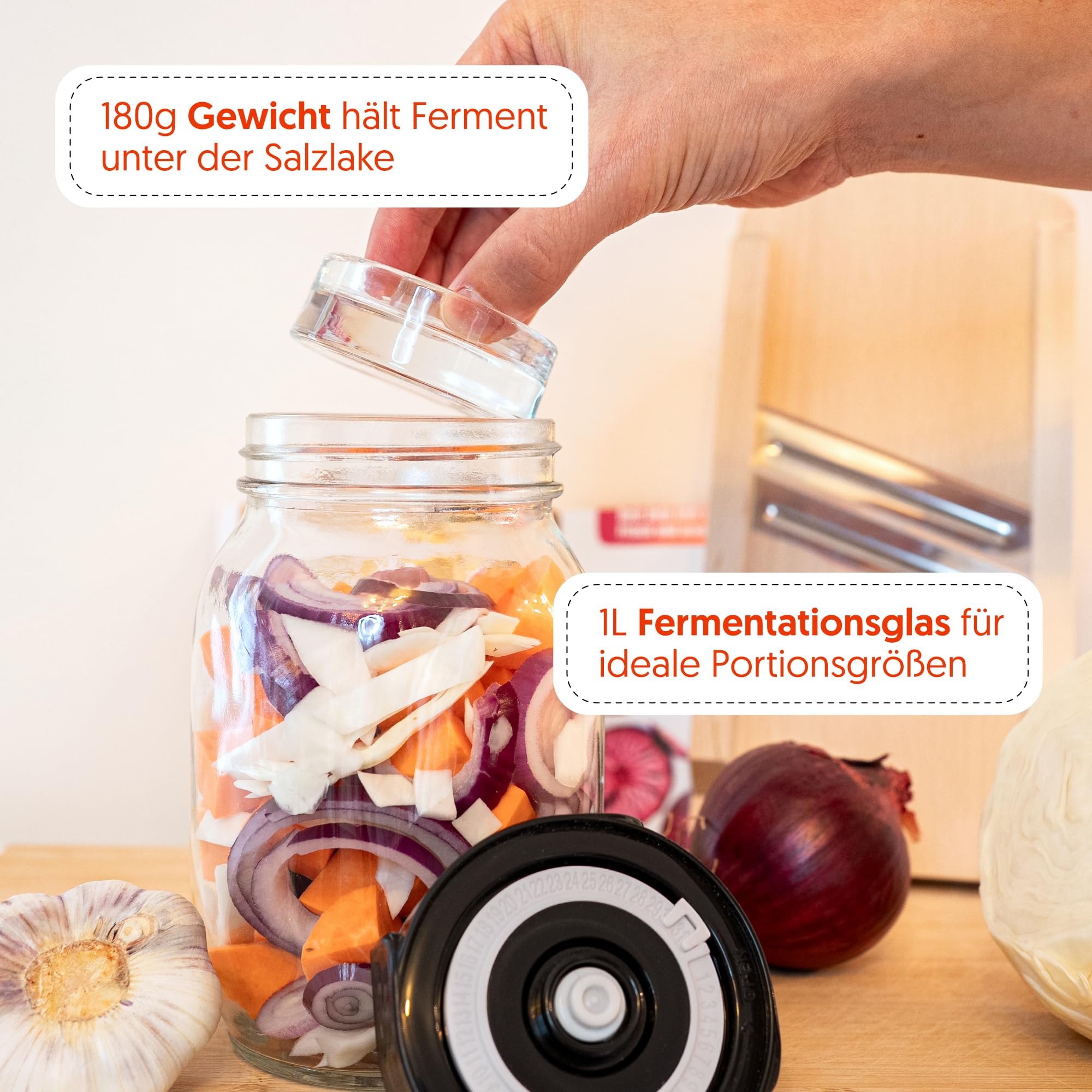 Starterkit Fermentation – großes Fermentierset für Gemüse wie Kimchi, Sauerkraut - 1 L Fermentierglas, Fermentiergewicht, Krauthobel & Zubehör – Fermentieren leicht gemacht.