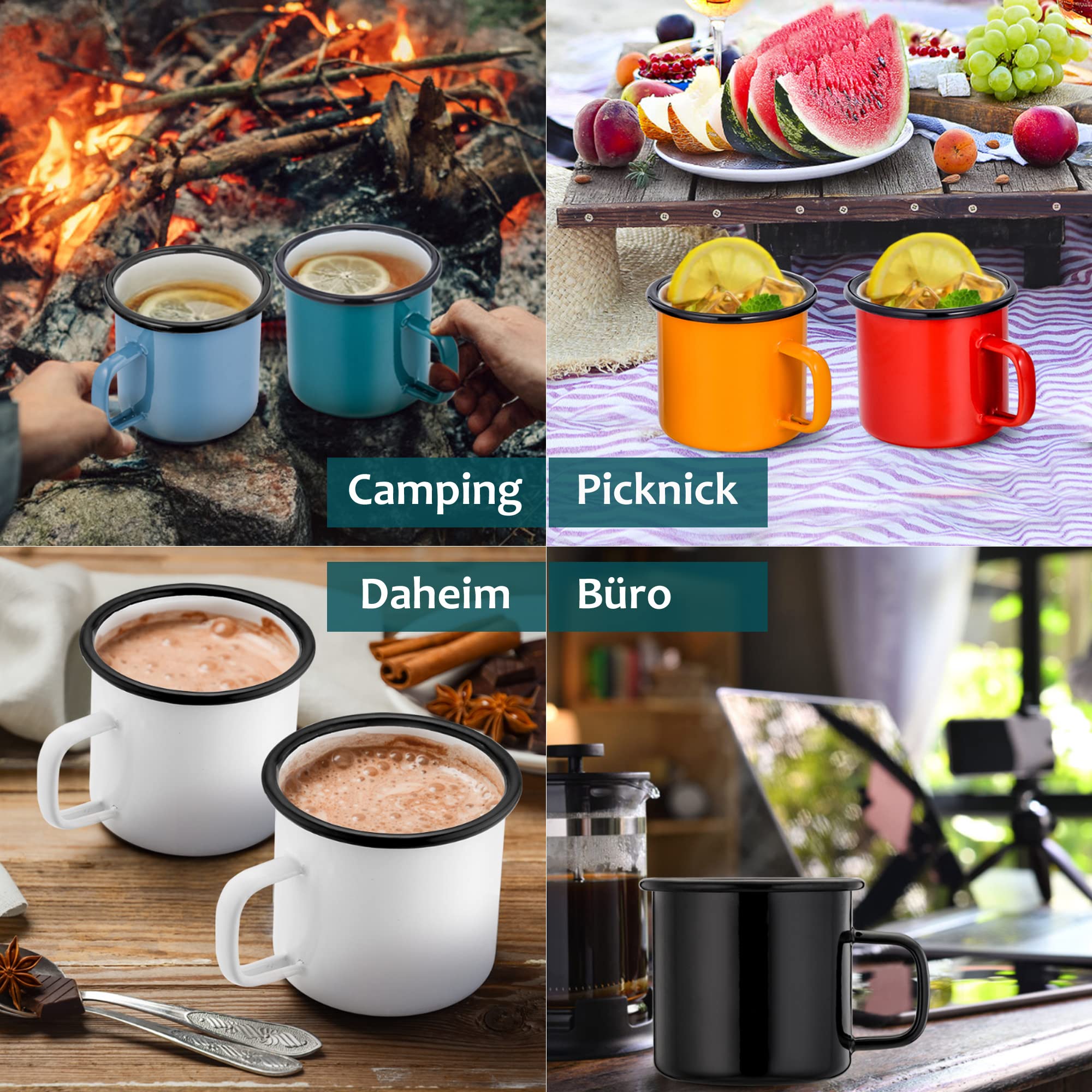 Herogo Juego de 6 tazas de esmalte, tazas de café blanco/negro/rojo/azul/verde/amarillo, tazas de té esmaltadas de porcelana con asa para camping, casa, fiesta, reutilizable y portátil, 350 ml
