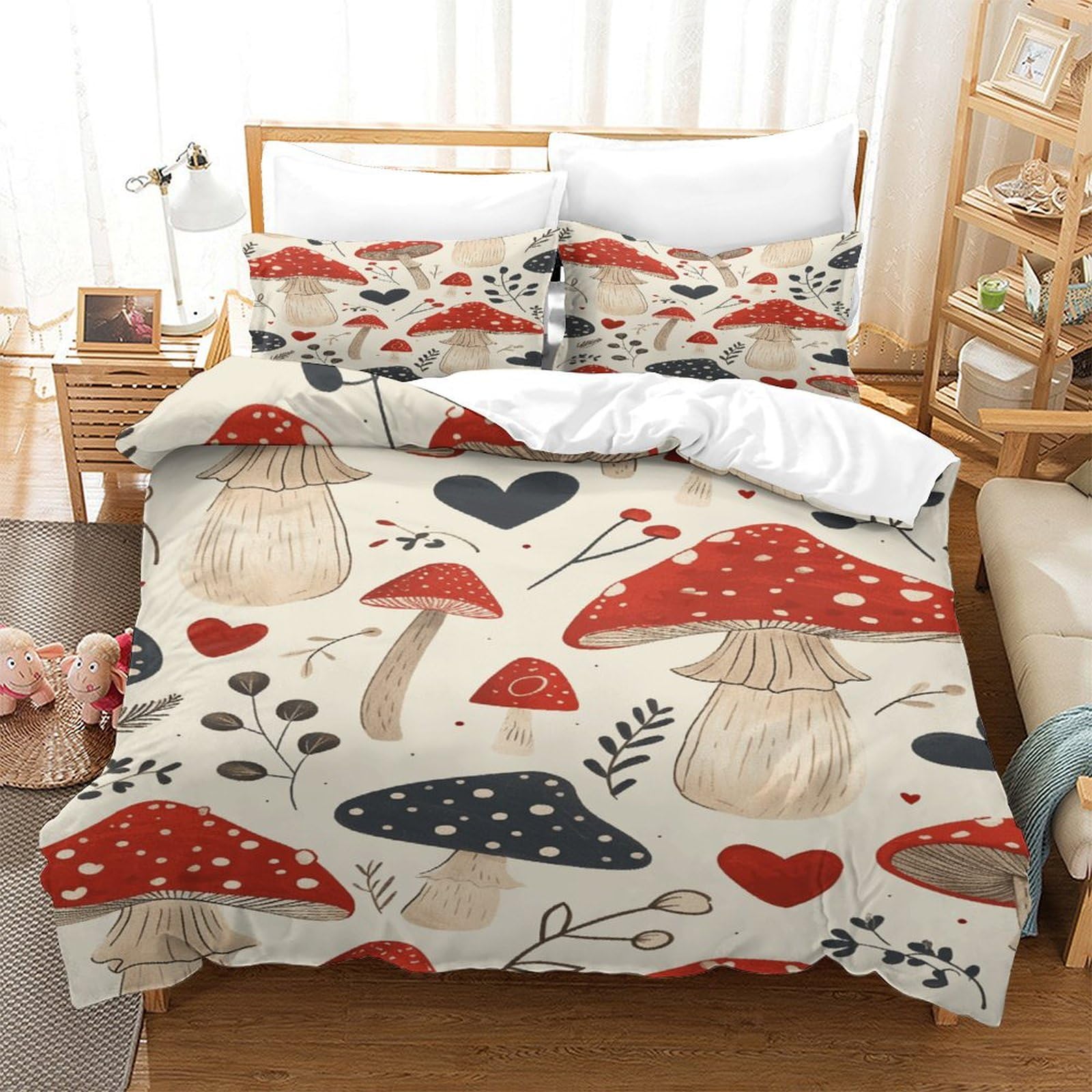 P1S9U7W5Y Rustic Mushroom 3D Printed Duvet Cover Set 3pcs Microfiber Mushroom Bedding Set King