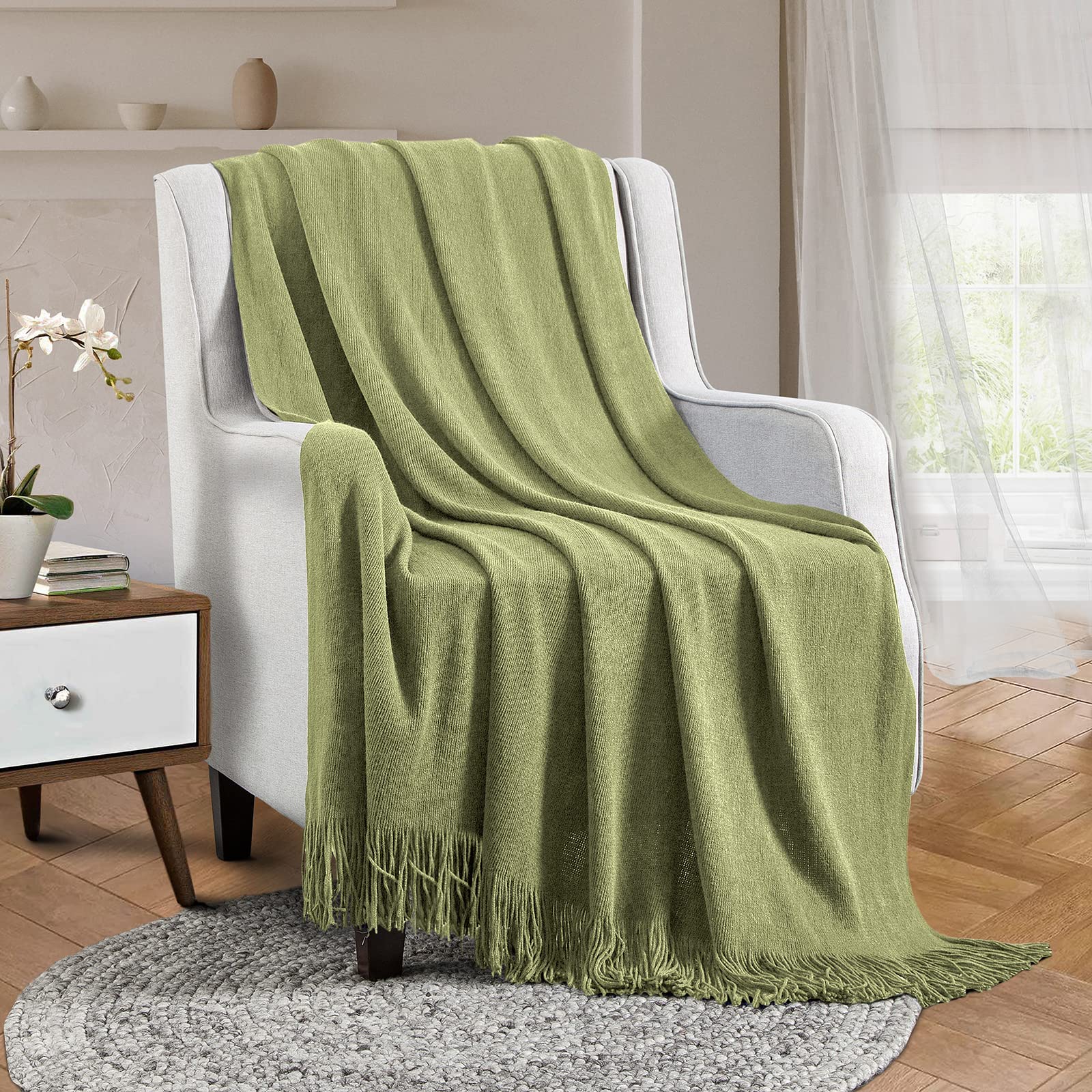 Vonty Coperta lavorata a maglia verde salvia con nappe frange 127 x 152,4 cm, coperta in maglia super morbida, decorativa per divano, letto