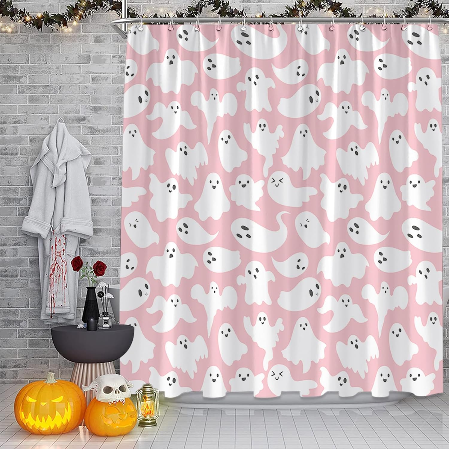 Halloween Ghost Extra Long Shower Curtain Pink White Spooky Gothic Cartoon Funny Scary Festival Fabic with Hooks for Bathroom Decor,70x84 Inch