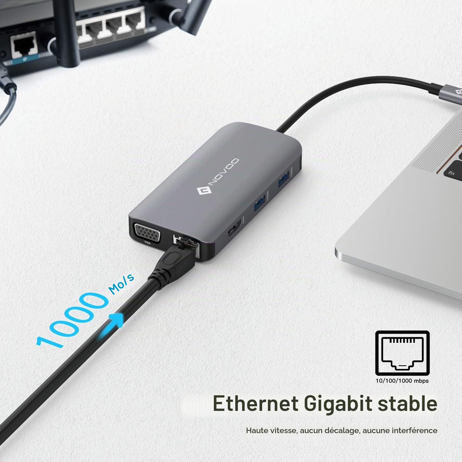 NOVOO Adaptateur USB C Hub 9-en-1,Dual Affichage(HDMI 4K&VGA), Docking Station d'accueil avec 1Gbps Ethernet,3xUSB 3.0,SD/Micro SD,Port d'alimentation 100W PD pour MacBook Pro Air XPS Chromebook