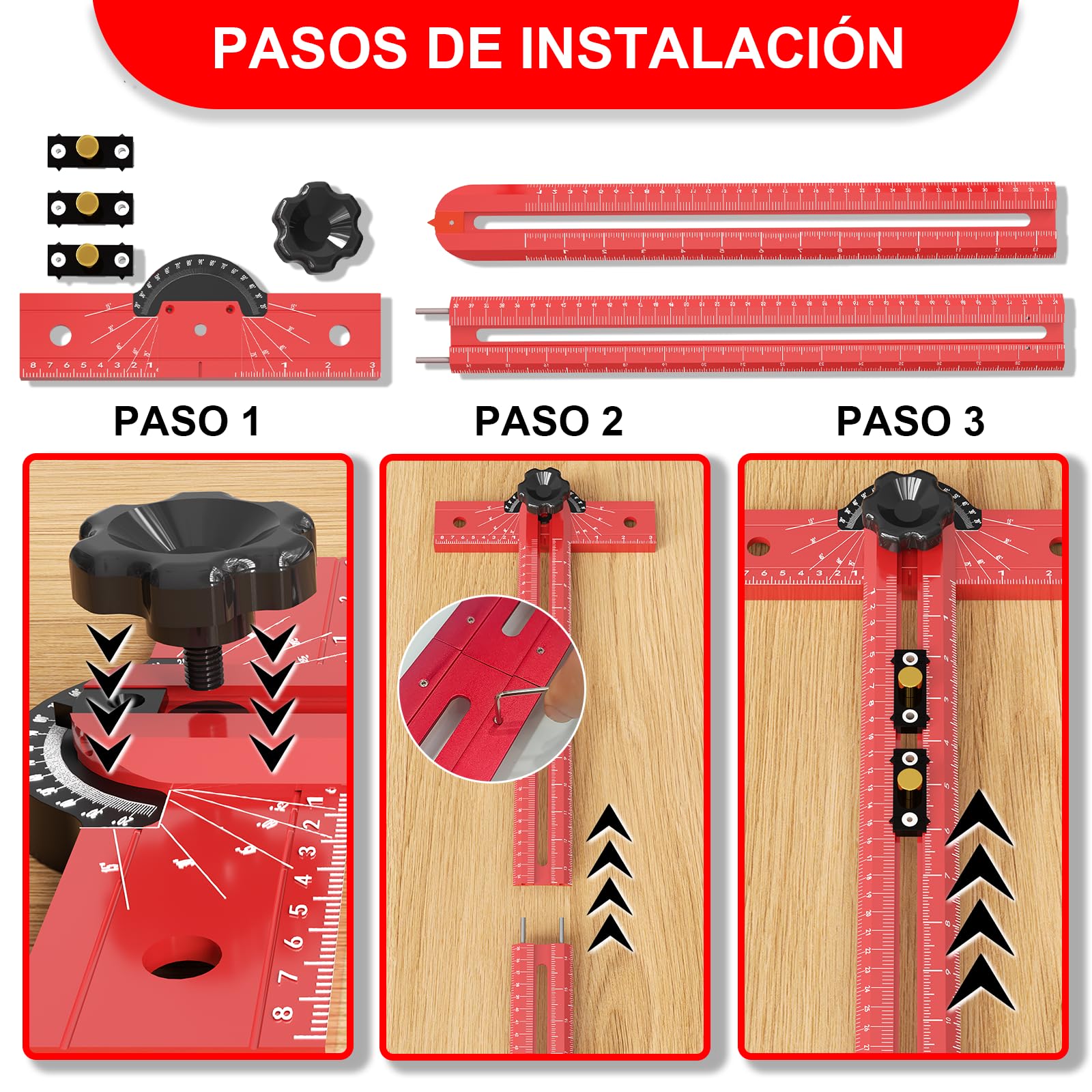 Escuadra en T de Carpintería de 74cm Herramienta de Medición con Ángulo Ajustable 15-165°, Cuerpo de Aleación de Aluminio, Guía de Taladro de Precisión para Carpintería, Dibujo Técnico