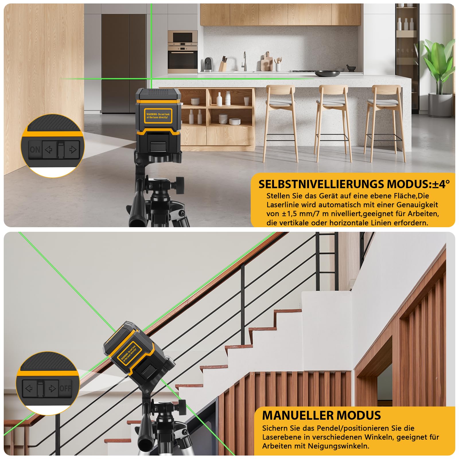 Kreuzlinienlaser mit Stativ,ASOBRIS Laser-Wasserwaage Selbstnivellierend Linienlaser Grün, Vertikale und Horizontale Laser Level für Baustellen und Heimwerkerprojekt Batterie Enthalten (Dunkelgelb)