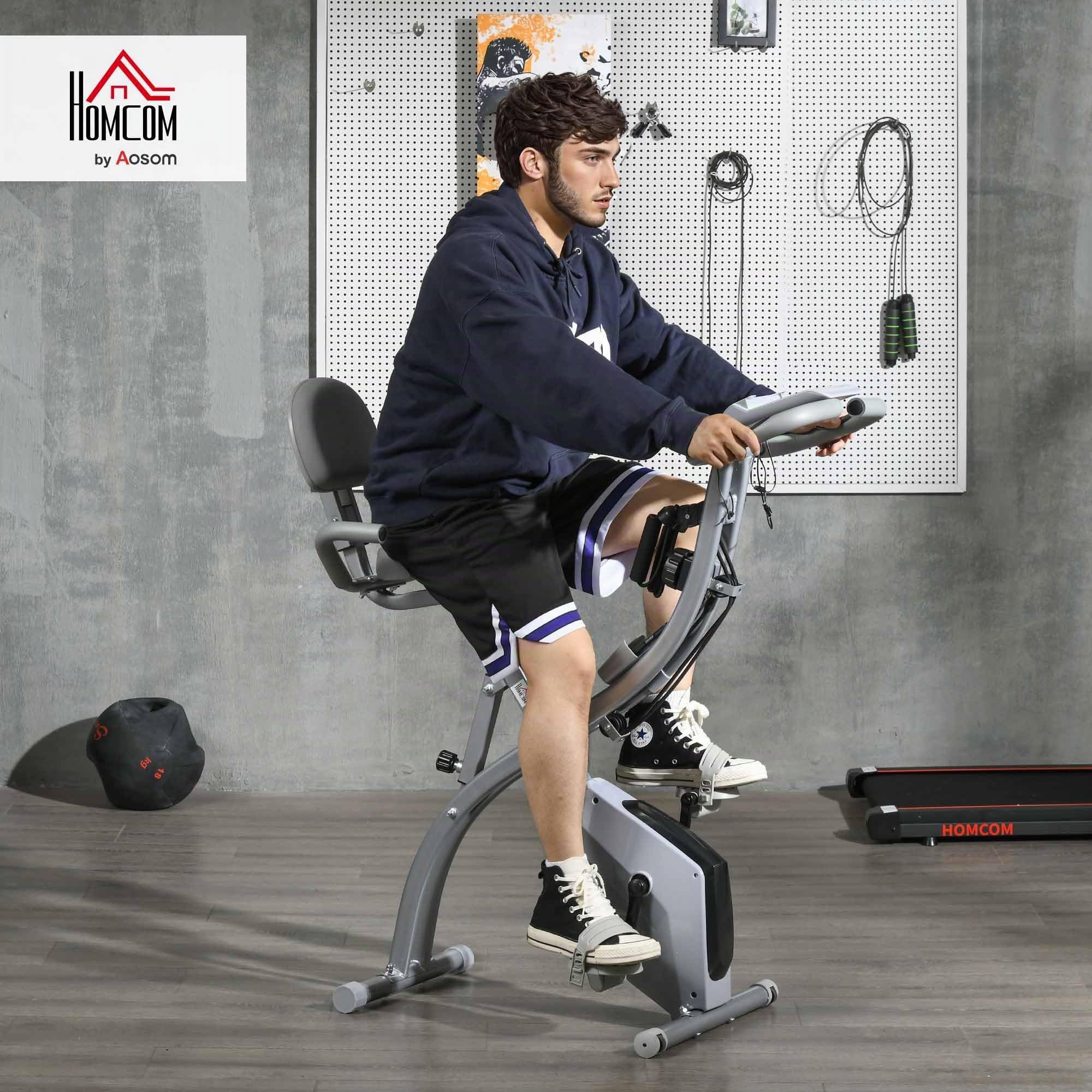 HOMCOM Cyclette pieghevole 4-in-1 magnetica ergometro LCD Grigio | Silenzioso, fasce di resistenza, palestra domestica, allenamento cardio, ruote, sedile comodo, Max 120 kg
