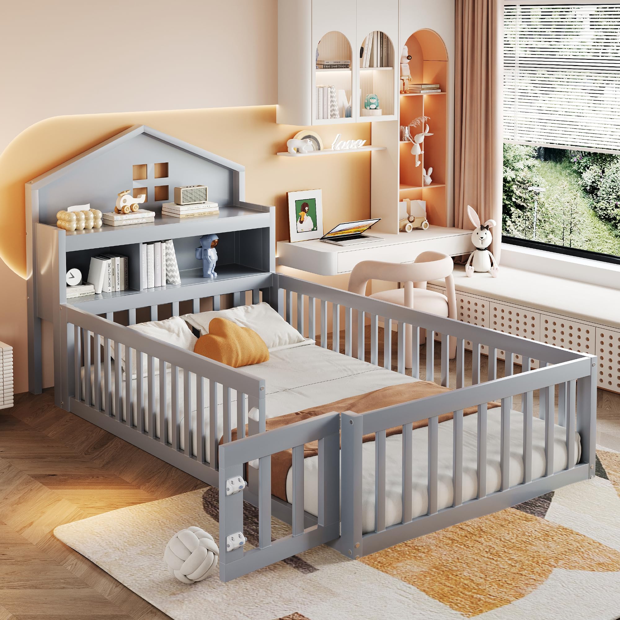 Lit Enfant 90x200 Cm, 4 Tiroirs + Barrière + échelle, Gris  Sans Matelas 96194292