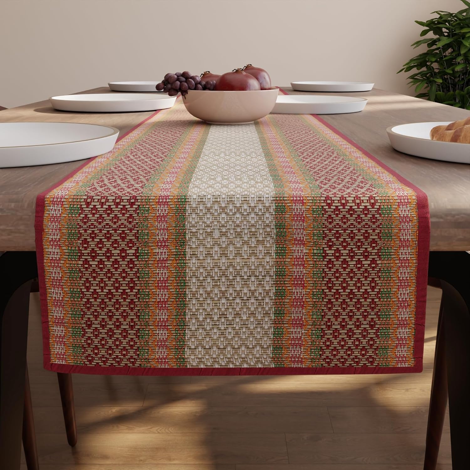 Encasa XO Madurkathi Grass Table Runner 13"x94" | Red Handwoven Farmhouse Table Runner for Dining, Summer & Outdoor Decor | Natural Rustic Runner – Heat Resistant & Durable