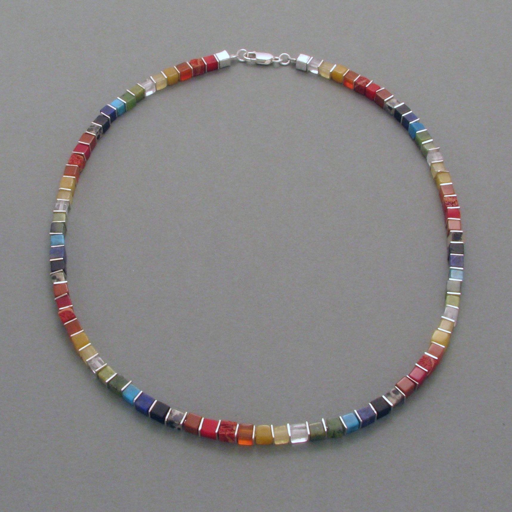 Damen Mädchen Halskette Regenbogen Bunt Edelsteine Würfelkette Handgemachter Schmuck