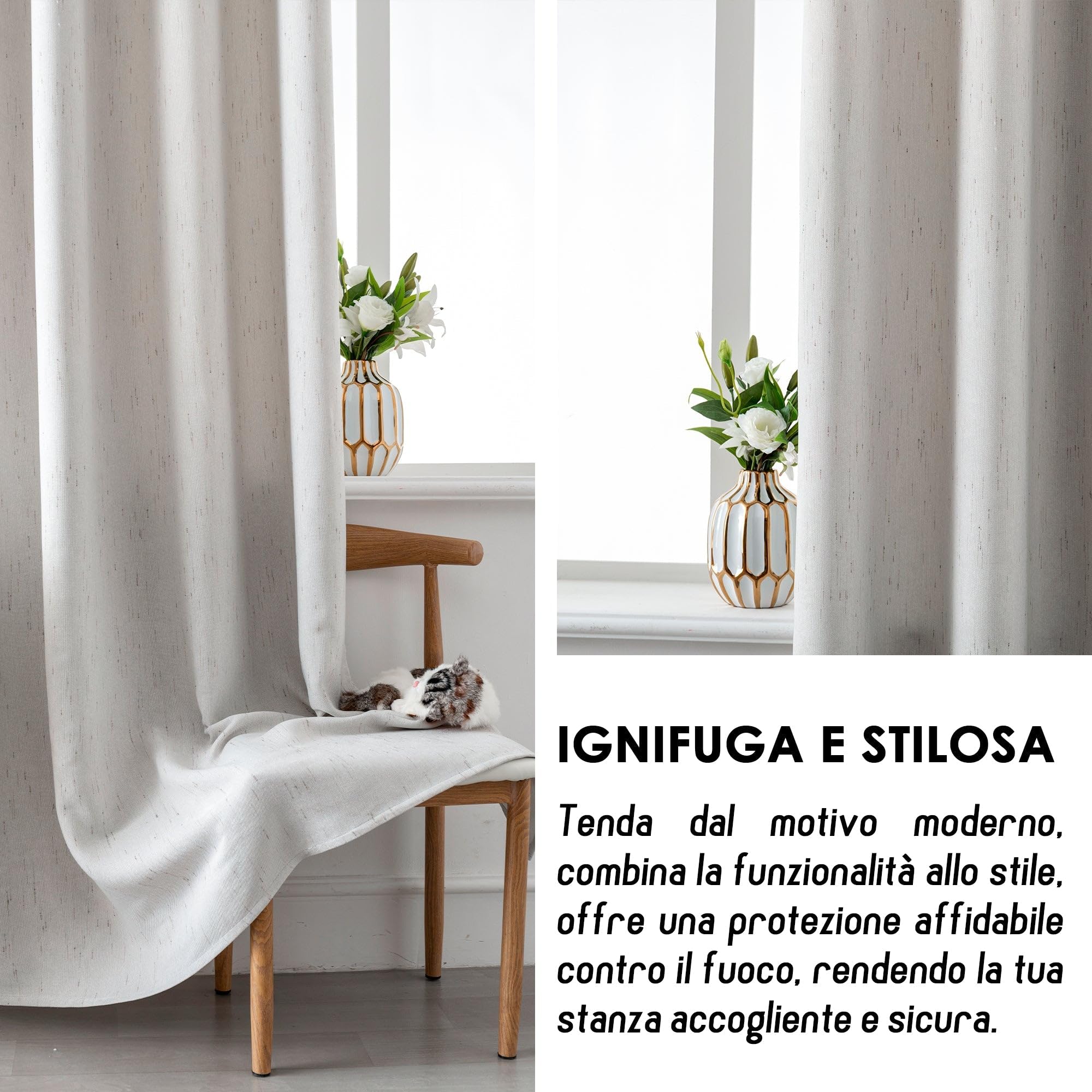 GIRASOLE HOME Paire de rideaux Pantelleria semi-opaques, anti-flamme, motif à rayures, tissu ignifuge certifié, 2 panneaux de 140x260cm avec œillets, gris clair