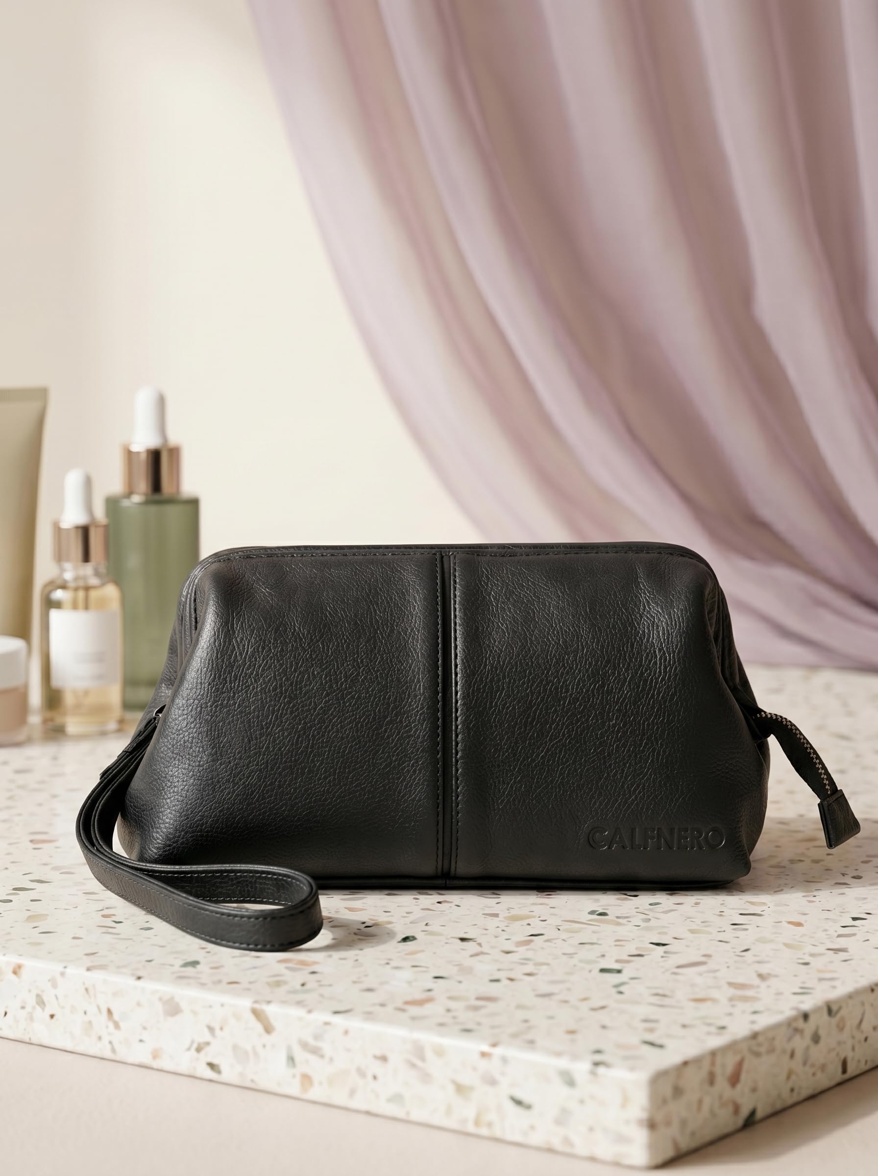 Calfnero Trousse de toilette en cuir véritable - Trousse de rasage et kit de toilettage pour voyage - Cadeau pour homme et femme - Trousse de maquillage pour salle de bain - Noir - Taille unique