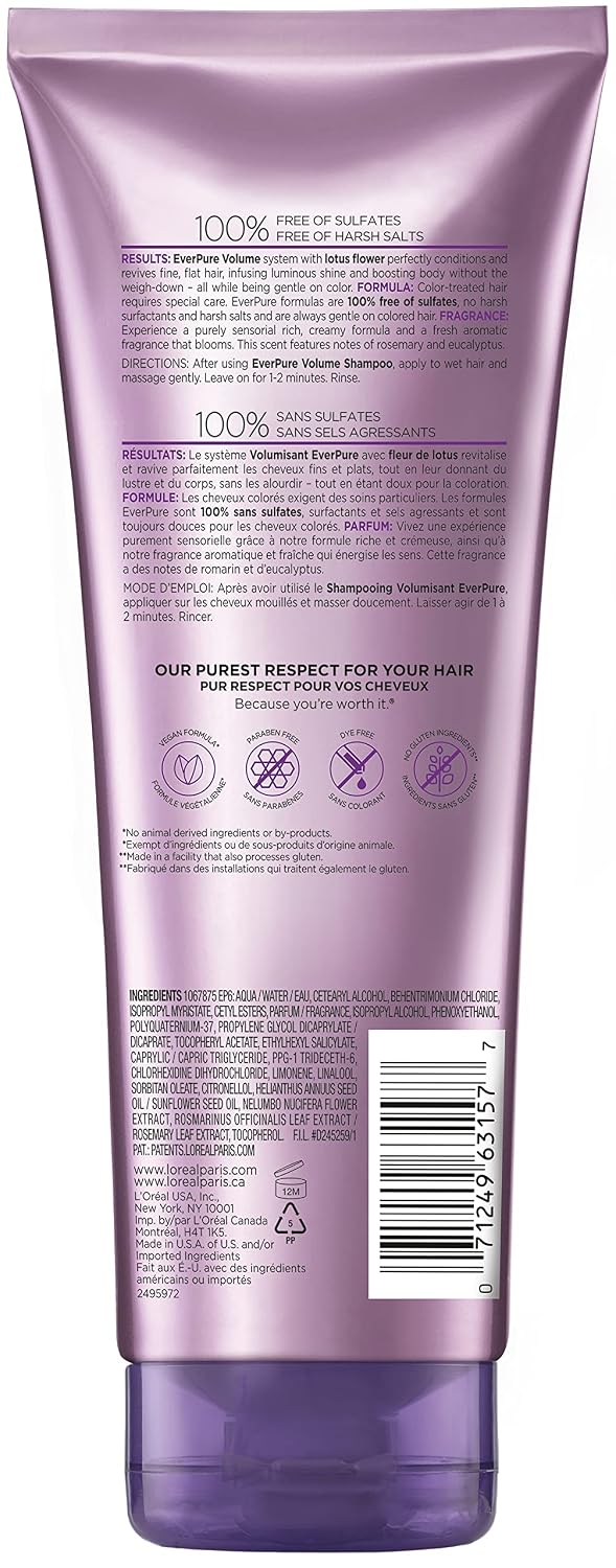 L'Oreal Paris EverPure Volume Sulfate Free Conditioner for Color-Treated Hair, Volume + Shine for Fine, Flat Hair, with Lotus Flower, 11 Fl; Oz (Packaging May Vary)