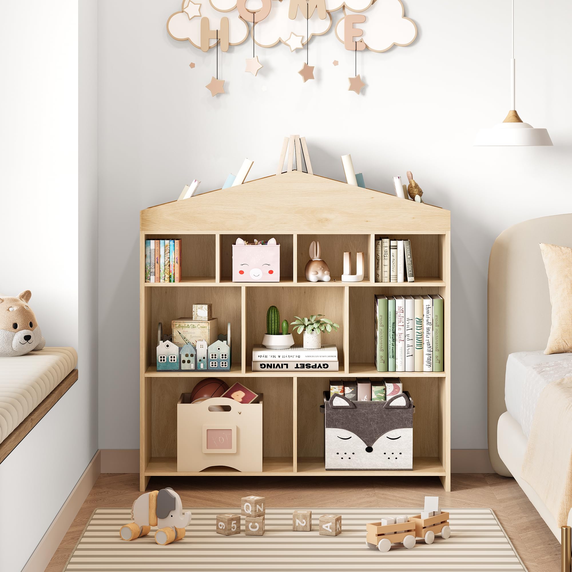 Garvee Bibliothèque Enfant en Bois – 4 Niveaux, 9 à 15 Casiers – Meuble Rangement Jouets et Livres, Design Maison, avec Kit Anti-Basculement, pour Chambre, Salle de Jeux, Crèche et École