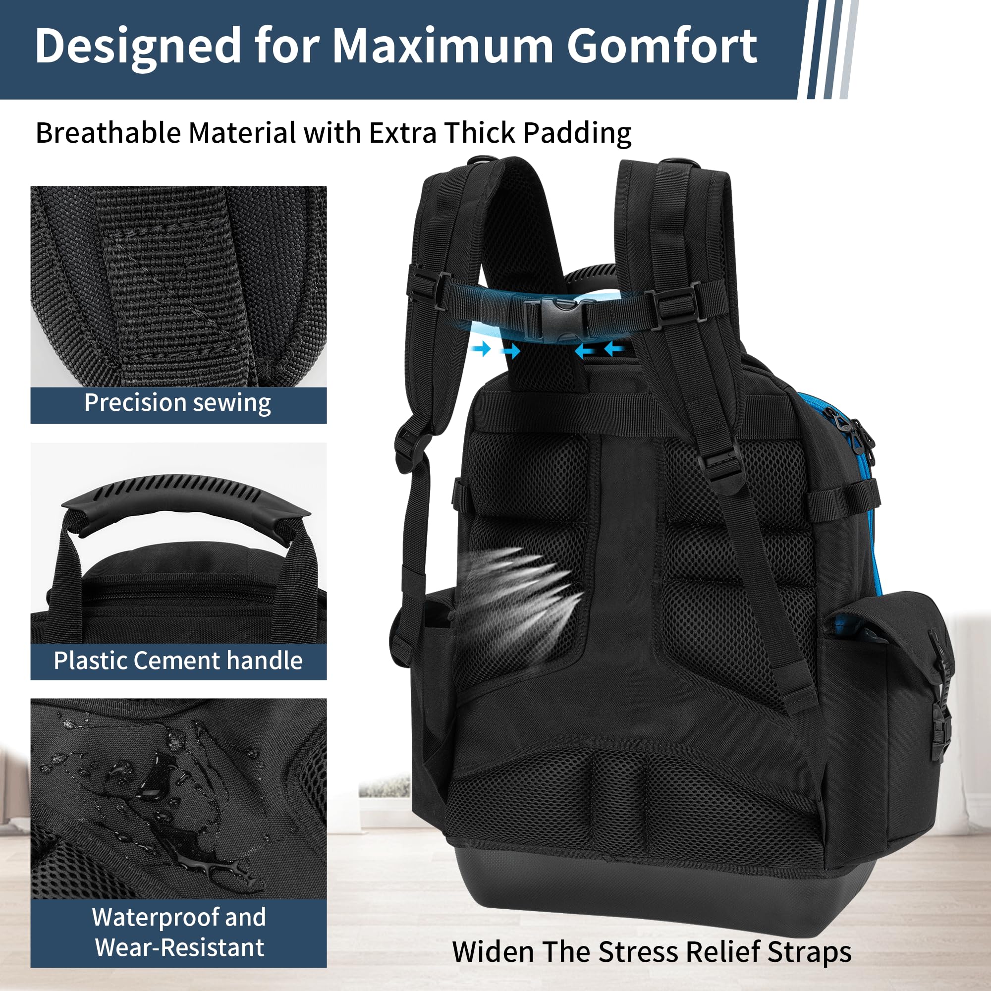 Mochila de herramientas para hombre, mochila de herramientas resistente con base moldeada impermeable, 62 bolsillos/40 bucles, bolsas organizadoras de herramientas resistentes,