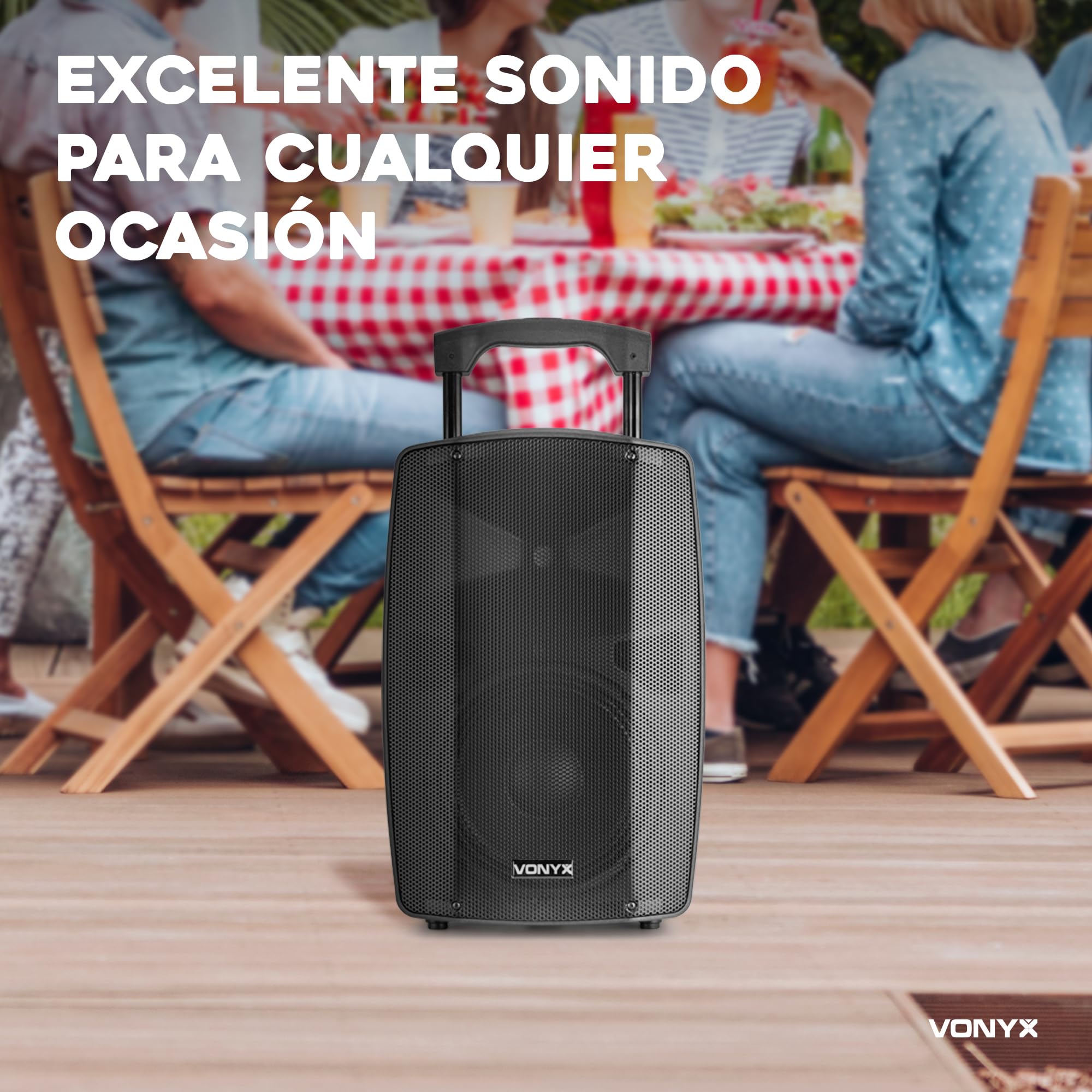 Vonyx VSP200 Altavoz Autoamplificado 200W con Batería, Bluetooth, Radio FM, USB/SD, Reproductor MP3 y 2 Micrófonos Inalámbricos – Sonido Portátil Recargable Ideal para Eventos, Fiestas o Exterior