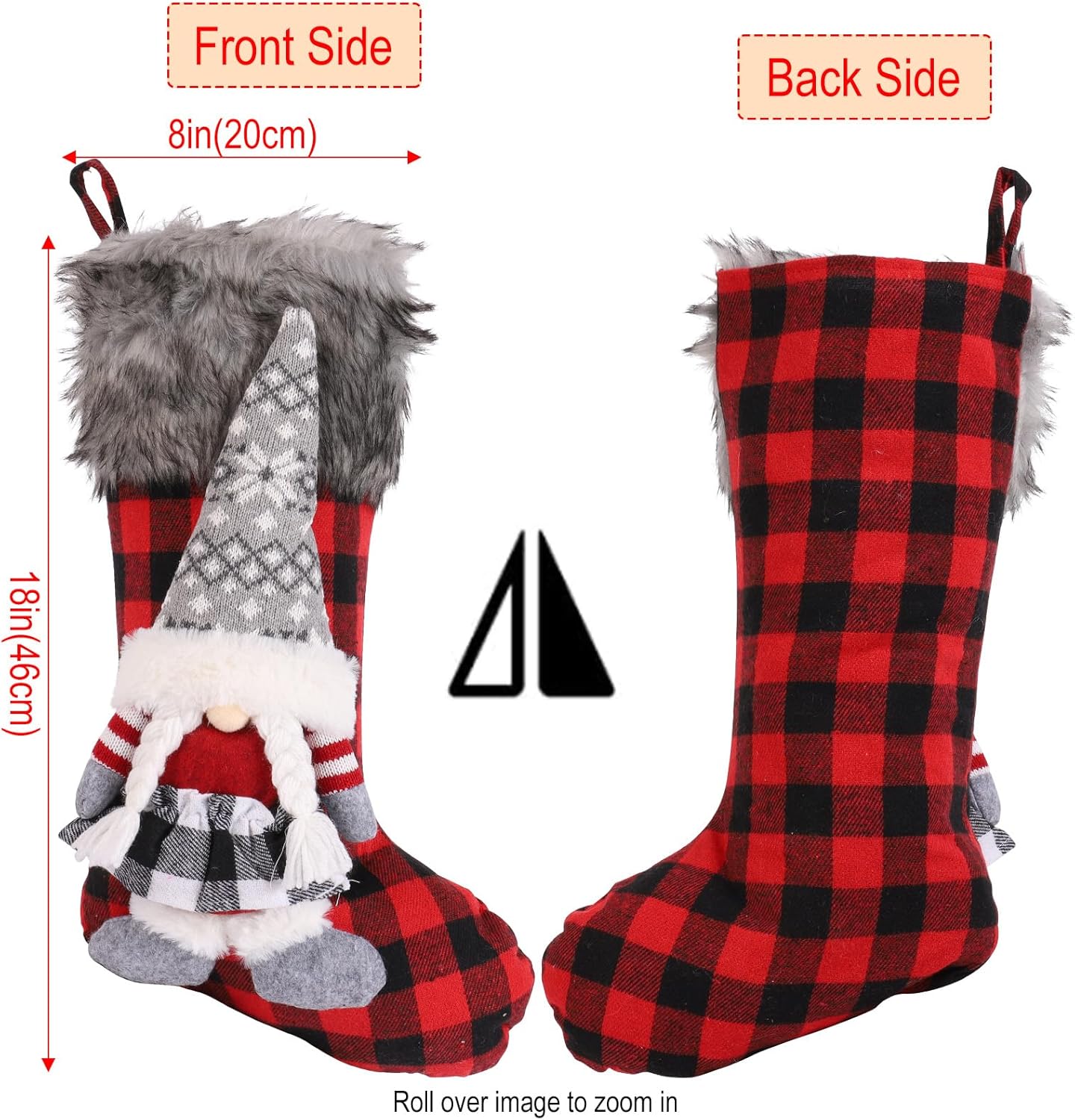 Anntool 2 Pcs Buffalo Plaid Christmas Gnome Stockings, 19 Inch Large Size Cotton Checkered Fireplace Hanging Stockings with Faux Plush Cuff, 3D Gnomes Ornaments Candy Gift Bags for Home Decor