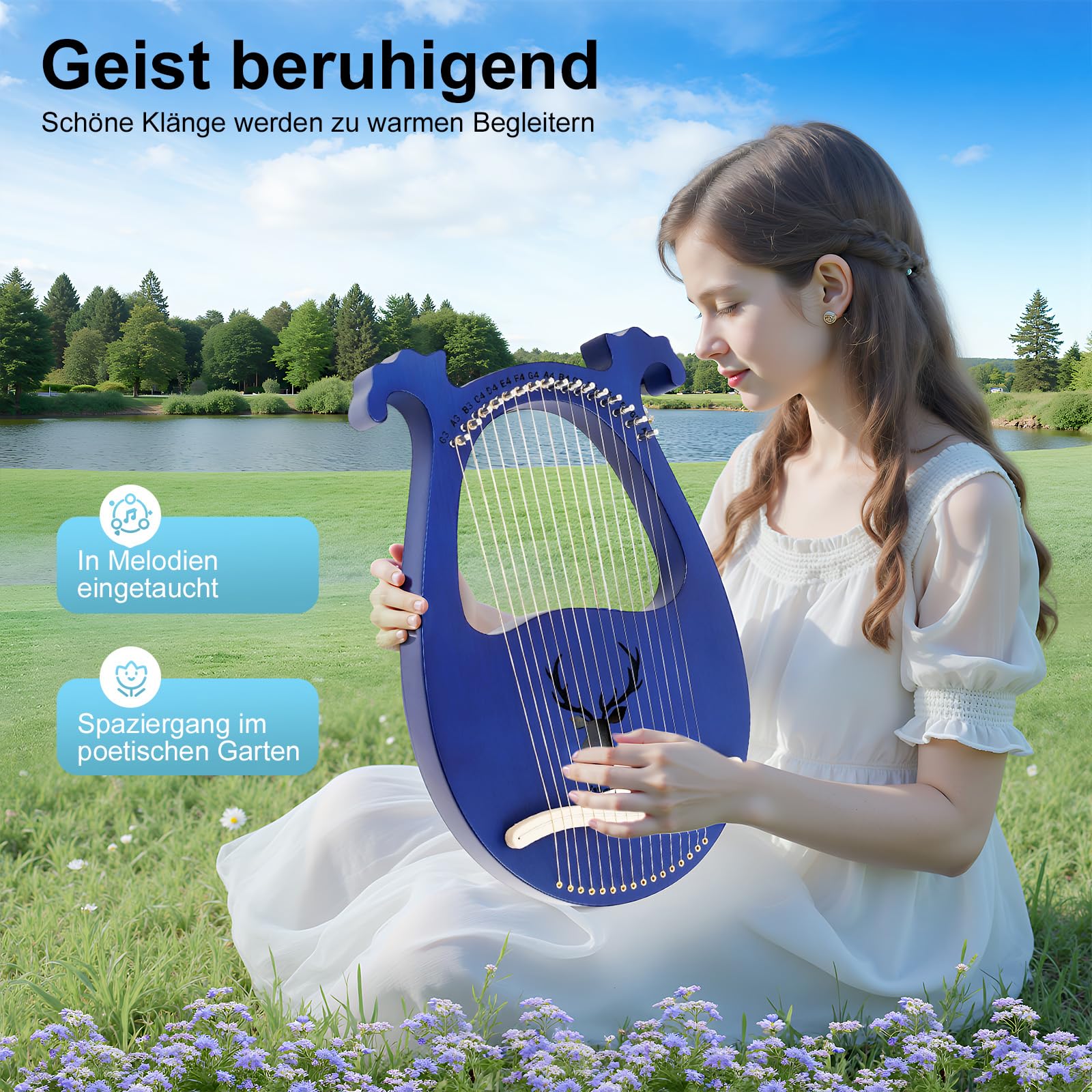 Lyre Arpa Strumento Piccola Arpa Lira 16 Corde, Lira Arpa Mogano 16 Corde con chiave a accordo, Eccellente qualità del suono, ideale per bambini e principianti.