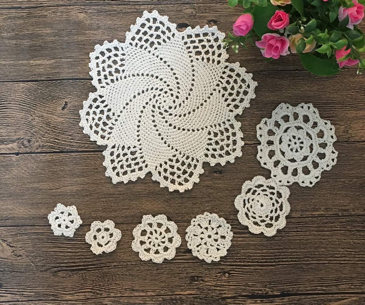Weekly Top Sale MINDPLUS Set of 12 Hand Crochet Doilies Cotton Crocheted Lace Doilies 1-8 Inches Round Beige Vintage Wedding Crafts (12pcs Beige)