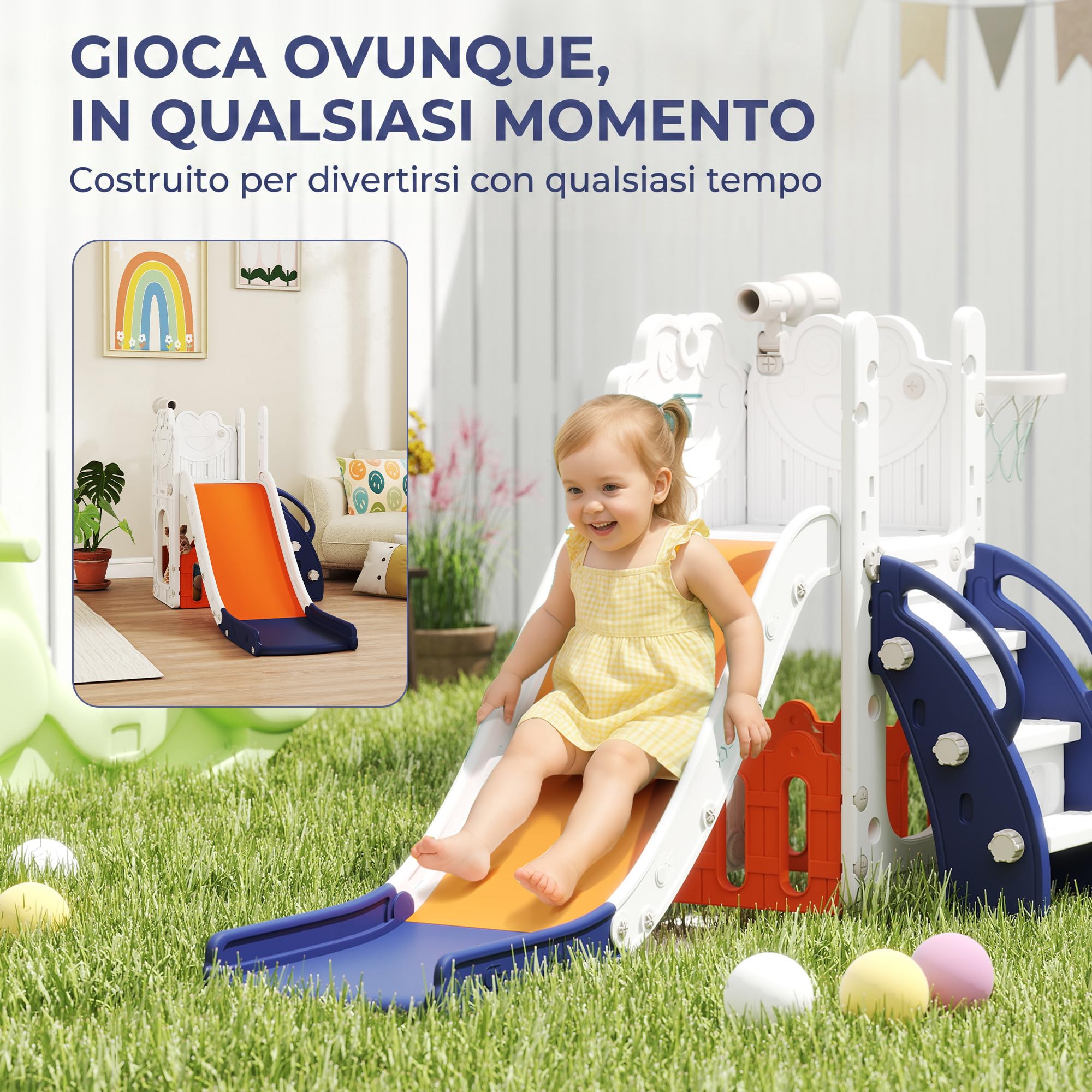 AIYAPLAY Set Scivolo per Bambini 5 in 1 con Canestro, 1-3 Anni Blu scuro | Scaletta, Telescopio Giocattolo e Contenitore, Giochi per Bambini da Interno ed Esterno