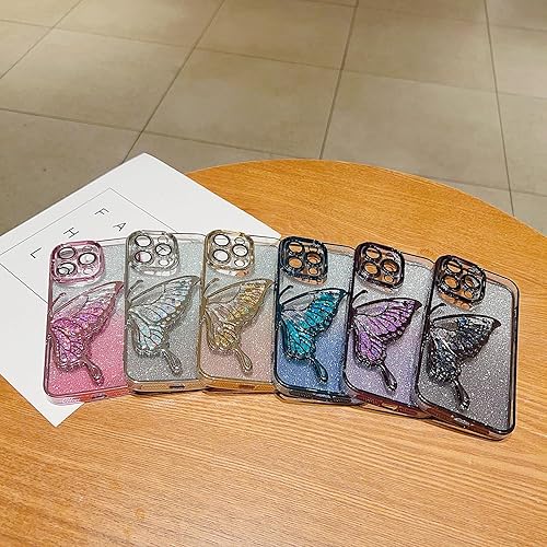 Miniatura 7 de Ownest Funda compatible con iPhone 14 Pro Max con purpurina de lujo, diseño estético chapado en mariposa, funda para teléfono para mujeres,