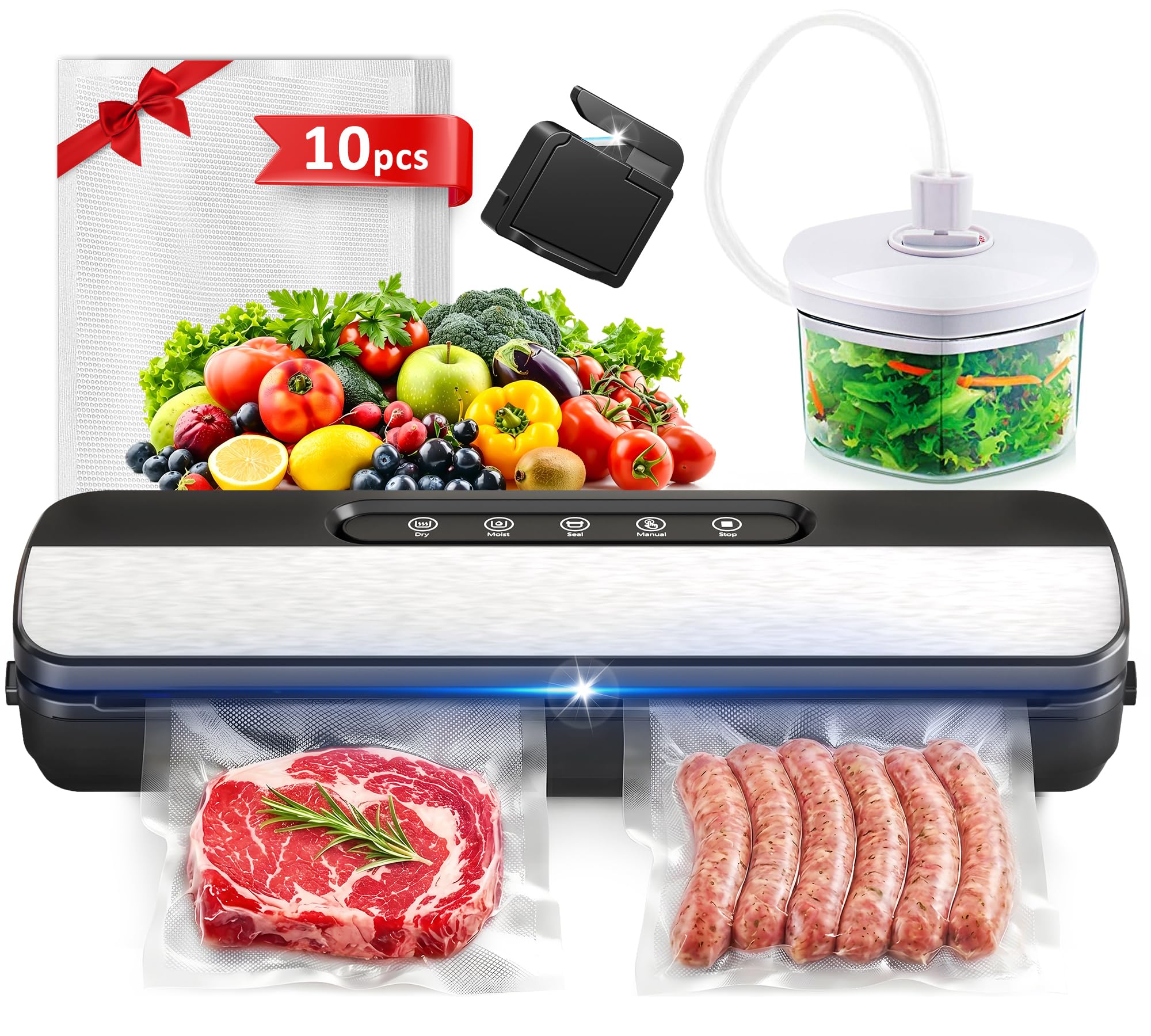 Raycial Machine Sous Vide Alimentaire, 7-en-1 Appareil sous Vide Alimentaire 130W 90 kPa, Appareil de Mise Sous Vide pour La Cuisson Sous Vide, avec Cutter, 10 Sacs Prédécoupés et Tuyau D'extraction