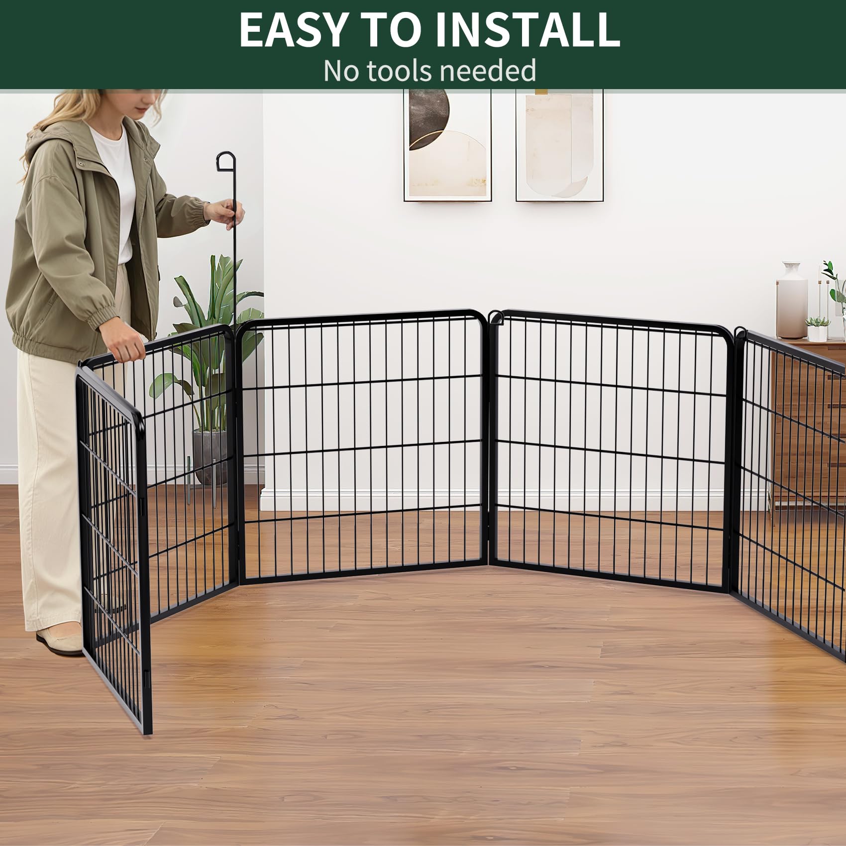 PETIME Recinzione per cani in metallo, resistente, per interni ed esterni, 55,9 x 61 cm (larghezza x altezza), 8 pannelli, con copertura superiore ottagonale