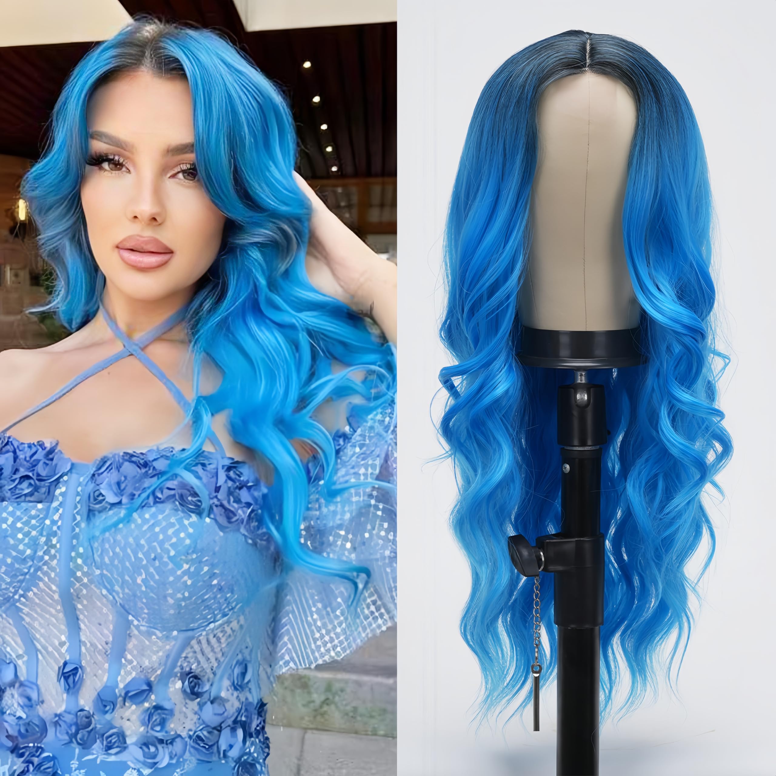 Sabosi Blue Wig for Women, Long Wavy Lace Hairline Blue Wig,Synthetic Middle Part Ombre Blue Wigs for Daily Party