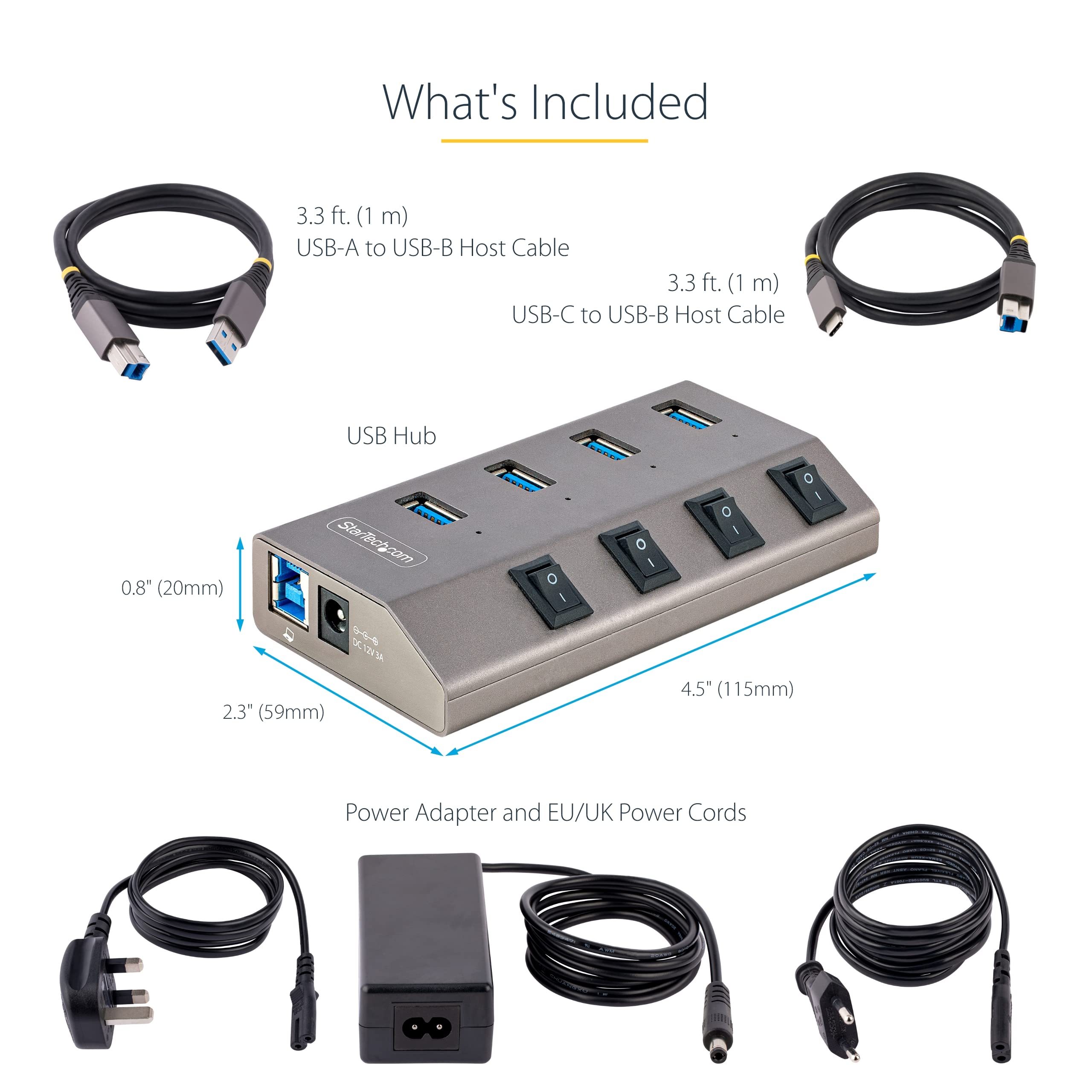 StarTech 4-Port USB-C Hub 5Gbps mit Schaltern, EU (5G4AIBS-USB-HUB-EU) | Selbstbetrieben, Einzelschalter pro Port, USB 3.0, Mit Netzteil, USB-C auf USB-A Splitter, 36W, 1m Kabel
