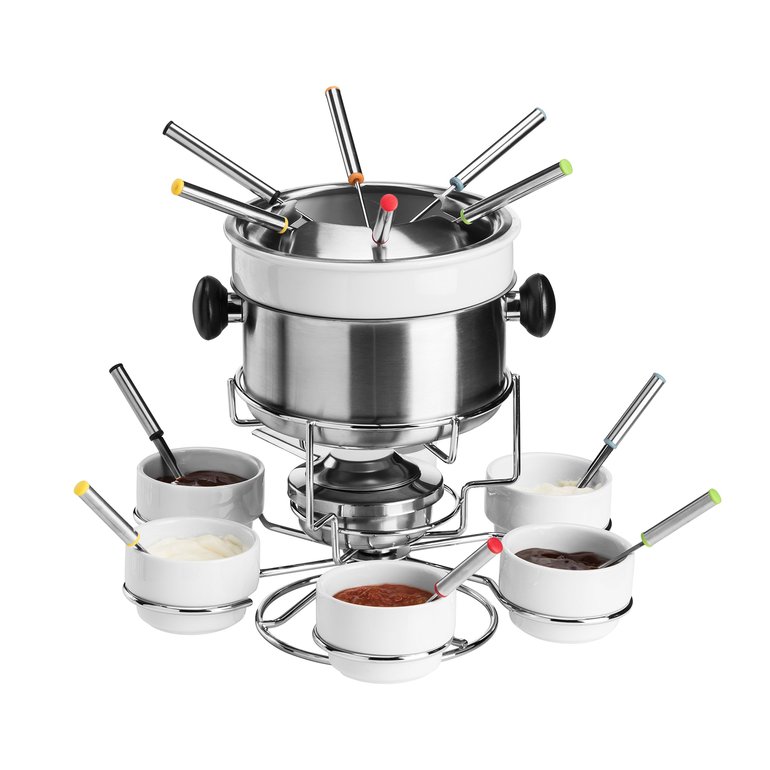 Service à Fondue en Acier Inoxydable et Porcelaine, Blanc- 6 Personnes